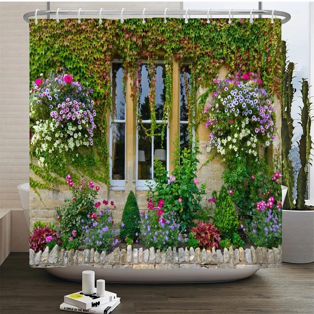 Rural Flower Garden Floral Waterproof Polyester Shower Curtain