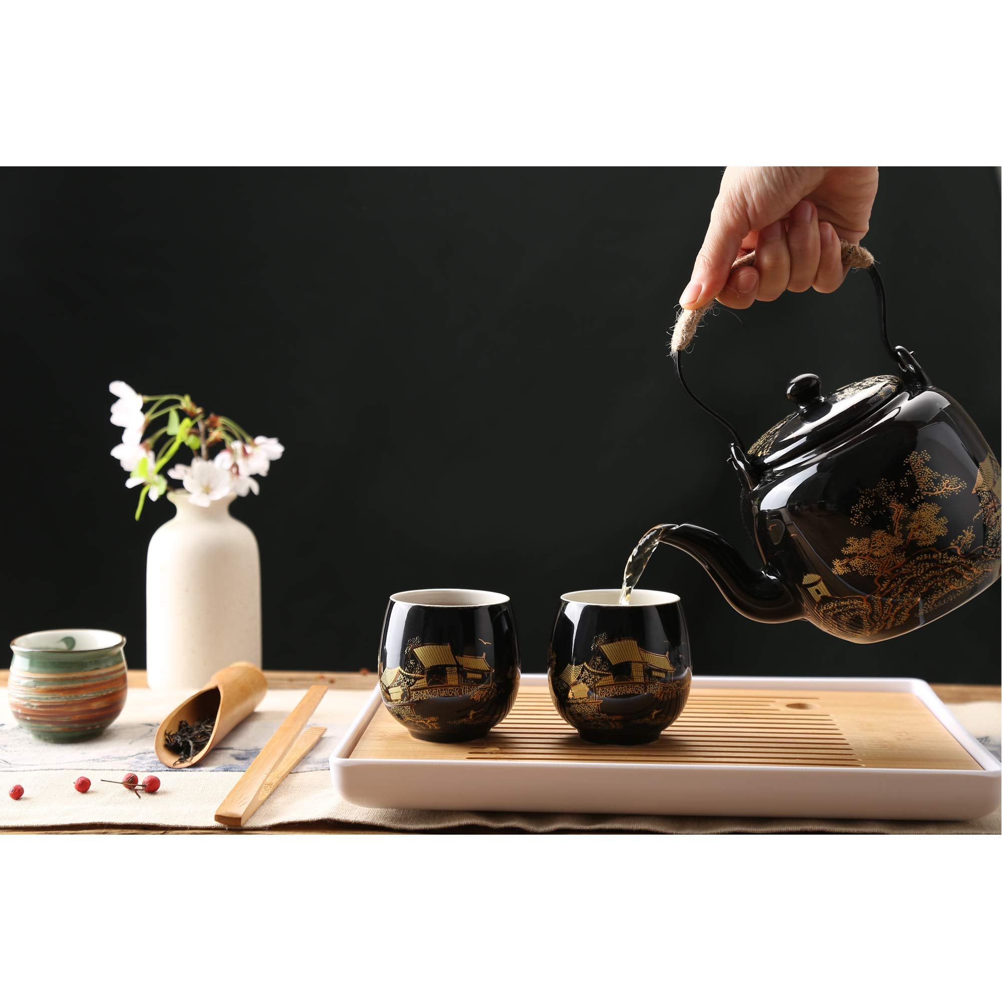 Dujust Japanese Tea Set - Black Porcelain Teapot with 6 Cups and Tray