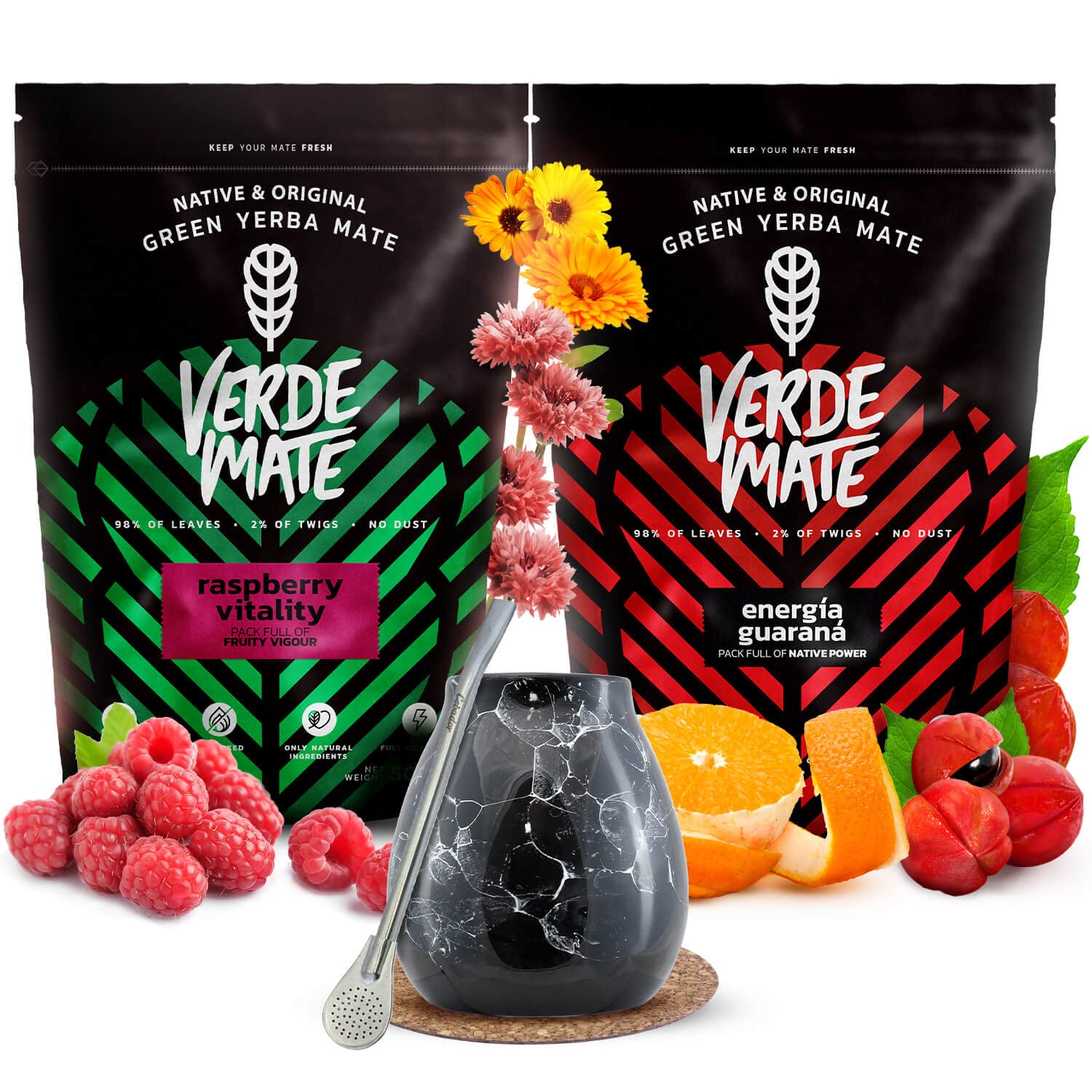 Verde Mate Green Energia & Raspberry Set - 2x500g Yerba Mate with Calabash