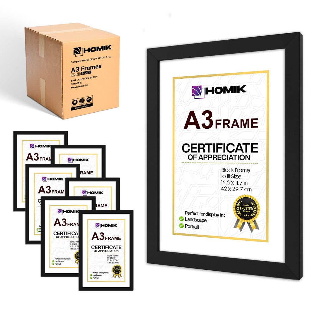 HOMIK A3 Photo Frames - Pack of 6 Black MDF Picture Frames for Wall