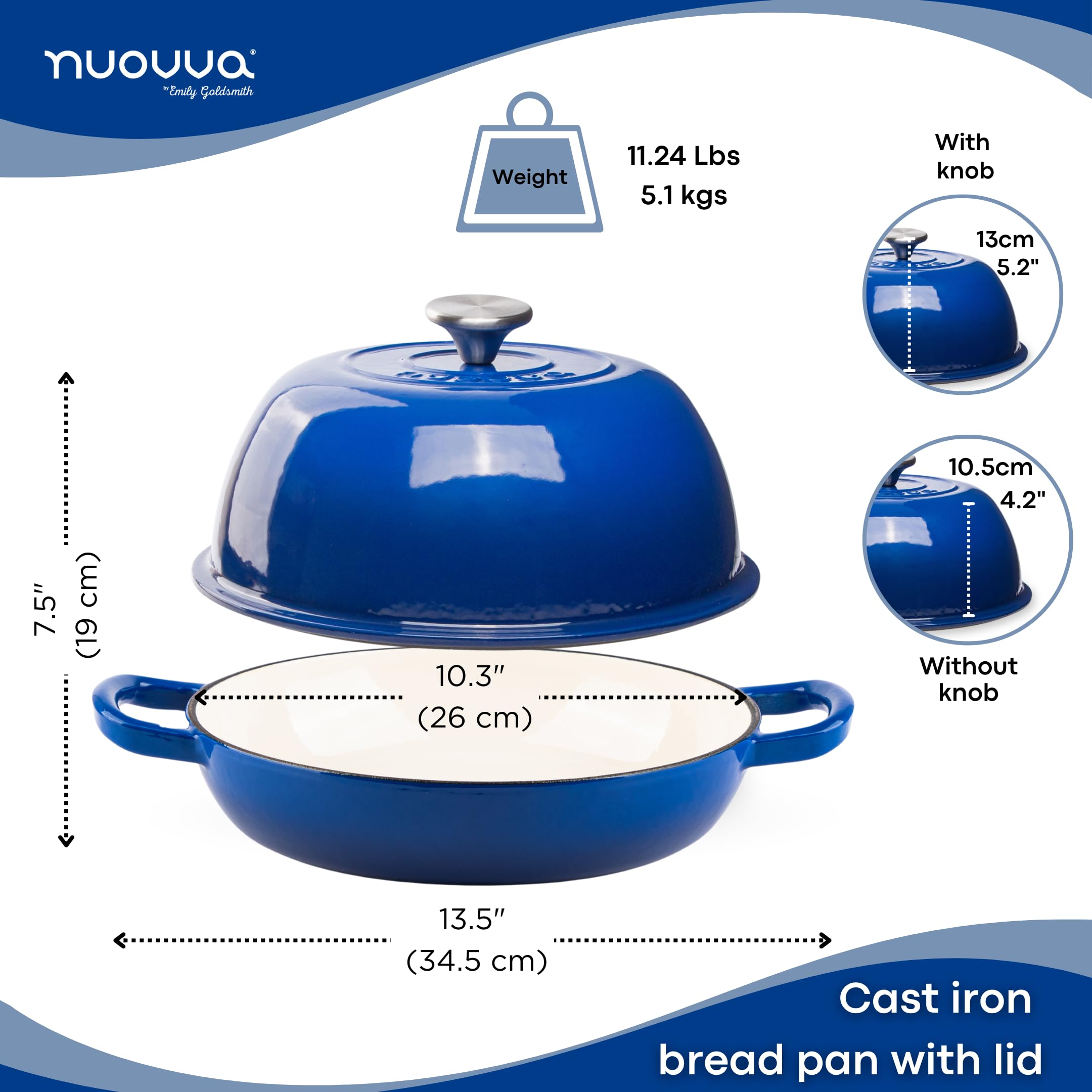 Nuovva Enamelled Cast Iron Dutch Oven - 6 Quart Bread Pot, Dark Blue