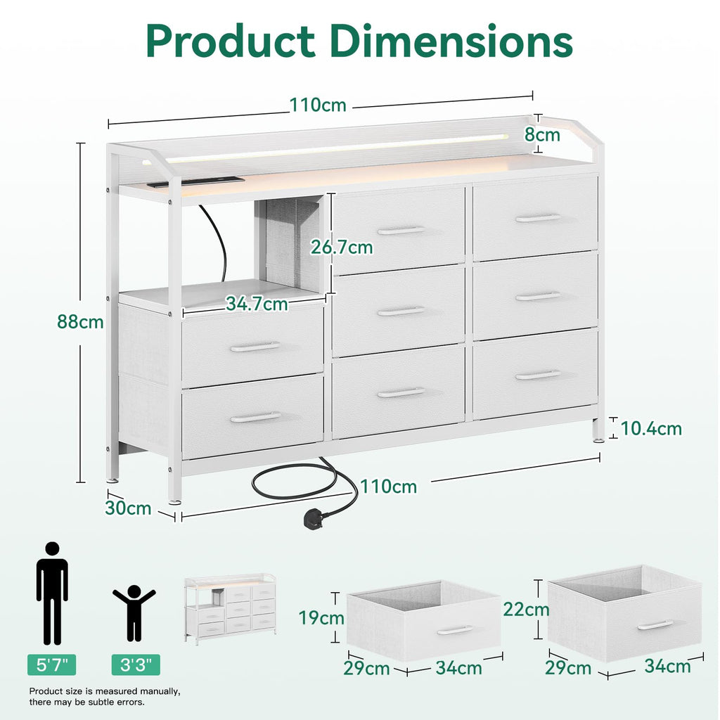 ODK Chest of Drawers Bedroom, 8 Fabric Drawers, 110x30x88cm, White - image 2