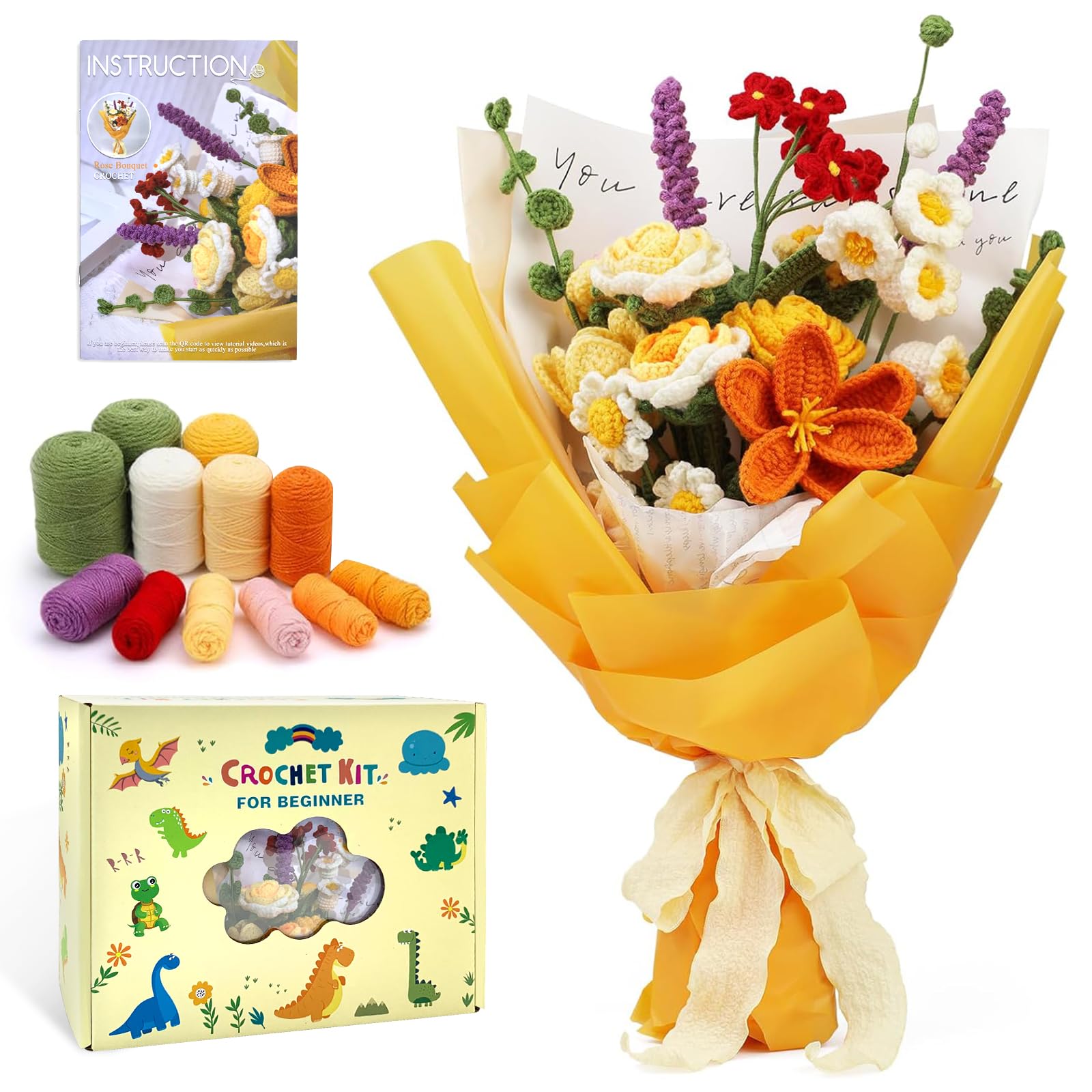 Boloshine Amigurumi Crochet Flower Kit for Beginners - DIY Rose Bouquet
