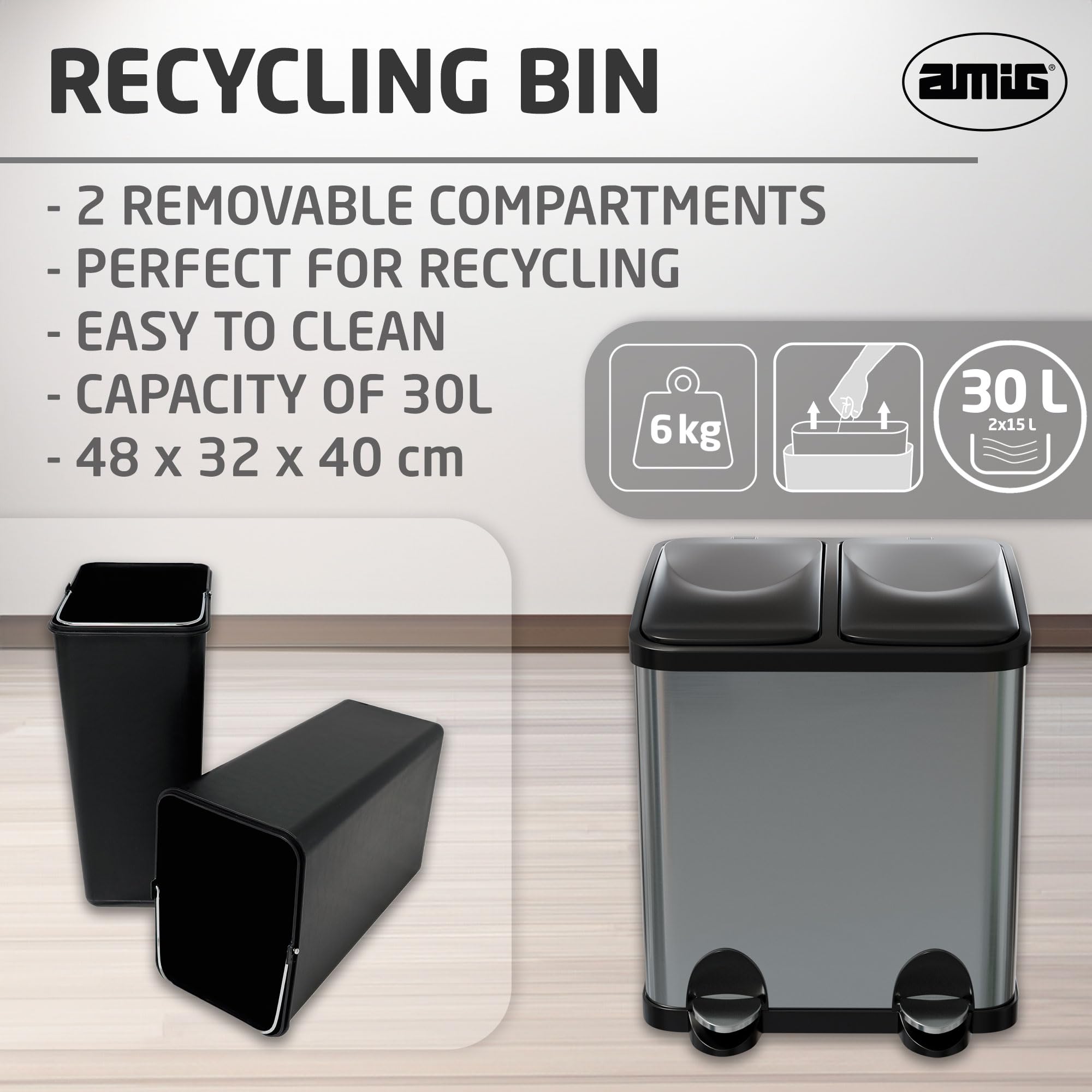 Amig RECIK2 Double Recycling Bin | 30L Stainless Steel Pedal Bin