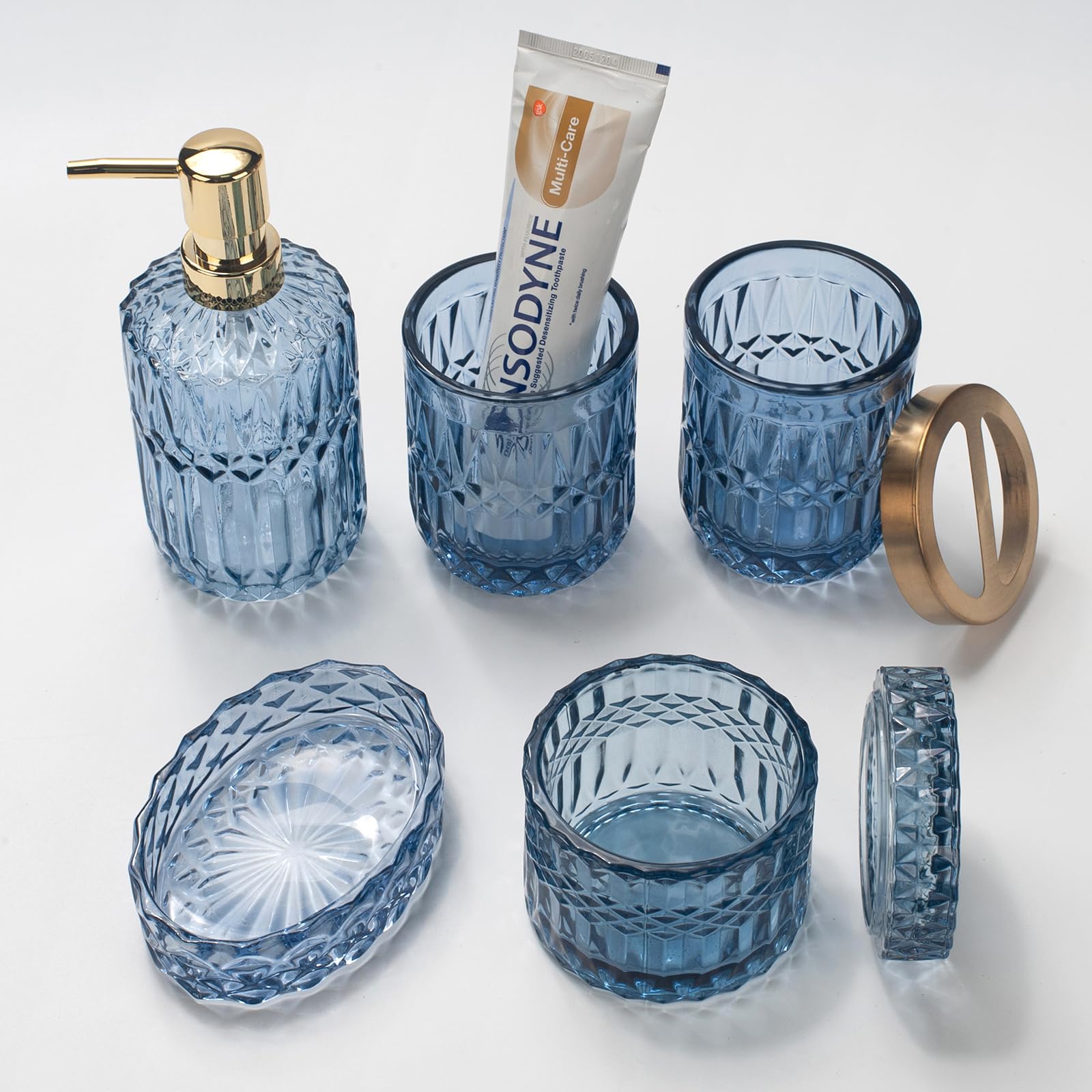 5-Piece Blue Glass Bathroom Accessories Set – Vintage Diamond Cut
