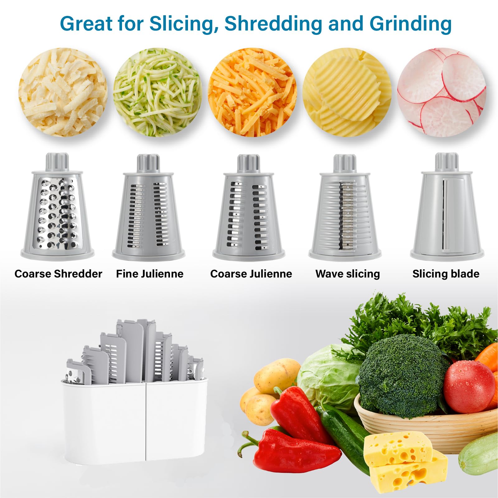 ALEXPHY 5-in-1 Rotary Cheese Grater – Hand Crank Vegetable Slicer, White