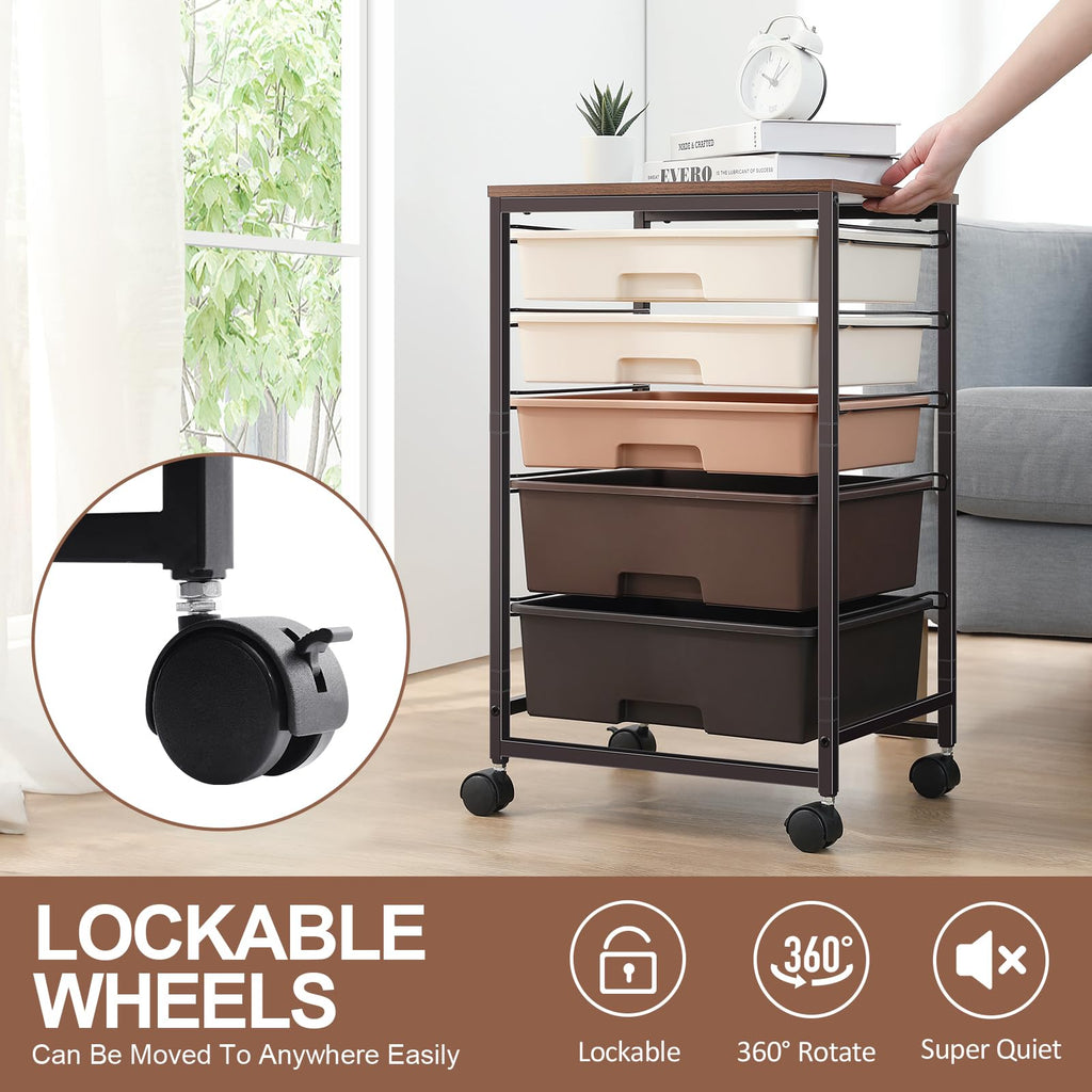 SYKIARIOL 5-Drawer Rolling Storage Cart with Wooden Top – Brown