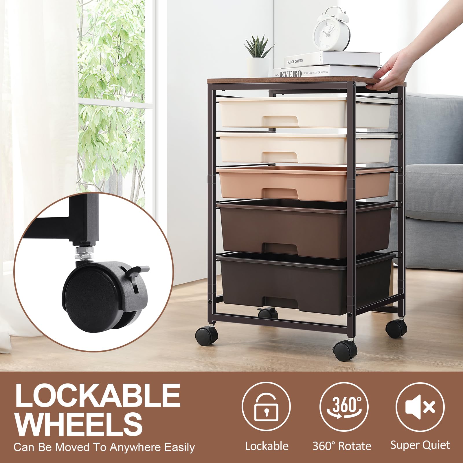 SYKIARIOL 5-Drawer Rolling Storage Cart with Wooden Top – Brown