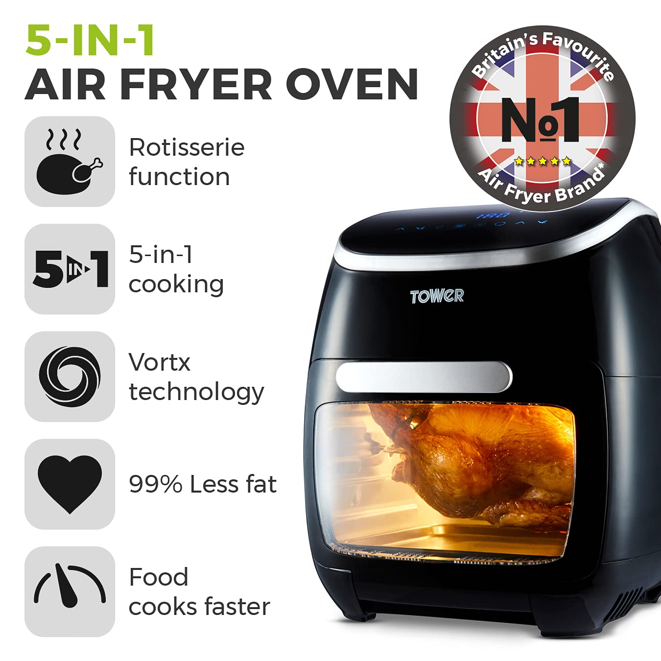 Tower T17039 Xpress Pro 5-in-1 Air Fryer Oven with Rotisserie, 11L, 2000W
