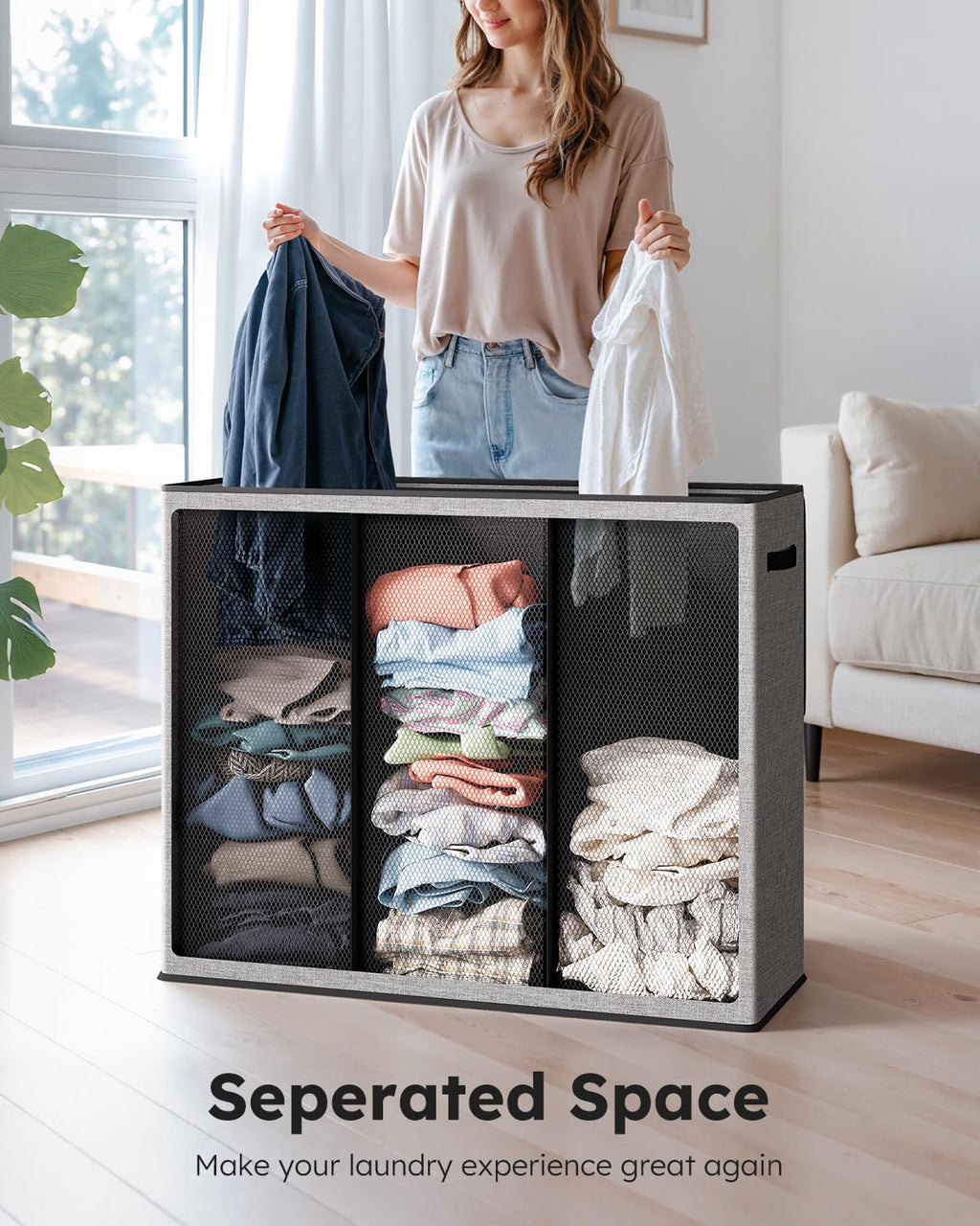 SOLEDI 180L Laundry Basket | 3 Section Large Hamper with Lid & Handles