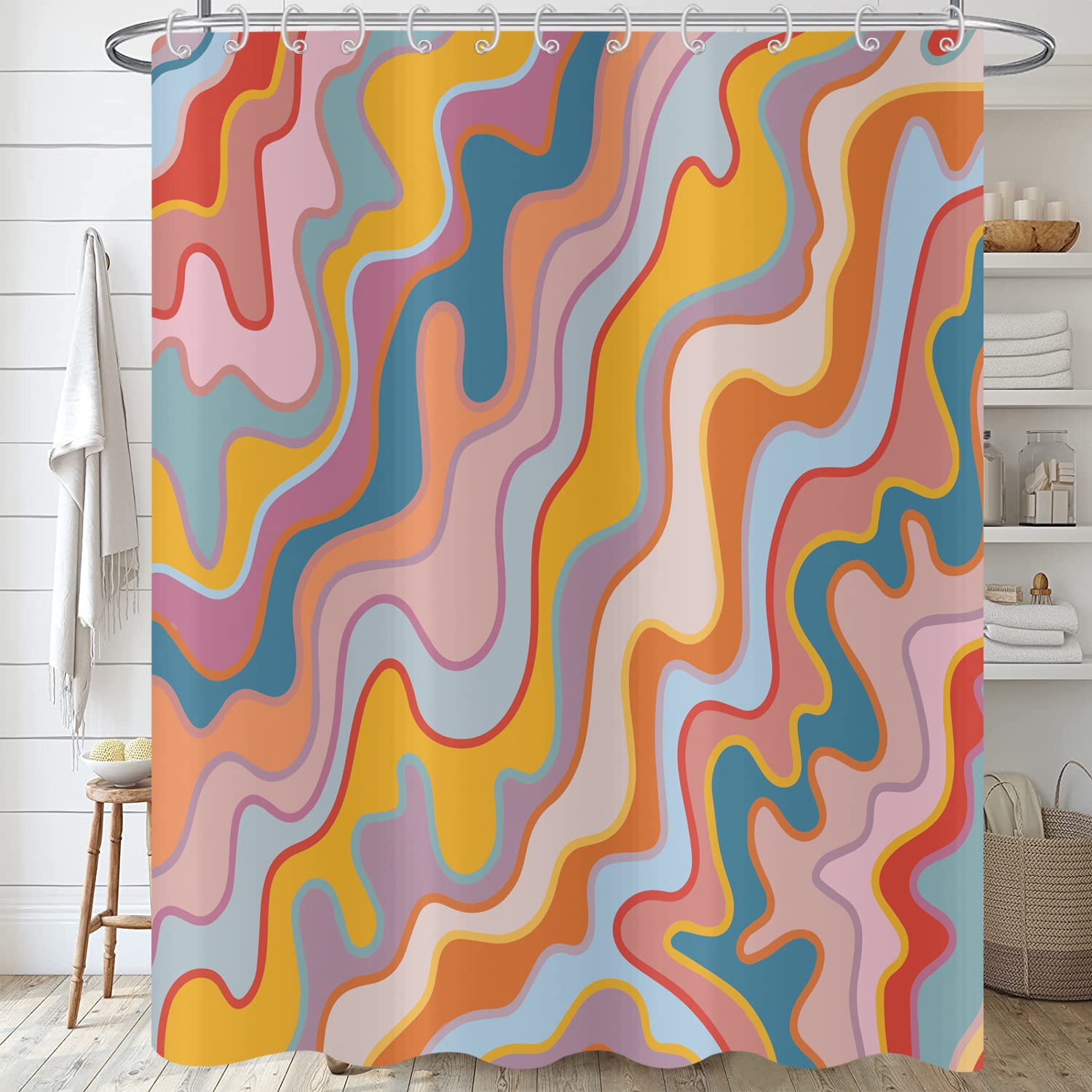 Hnmdmyi Abstract Art Shower Curtain | Pastel Rainbow Retro Fabric – 71x71