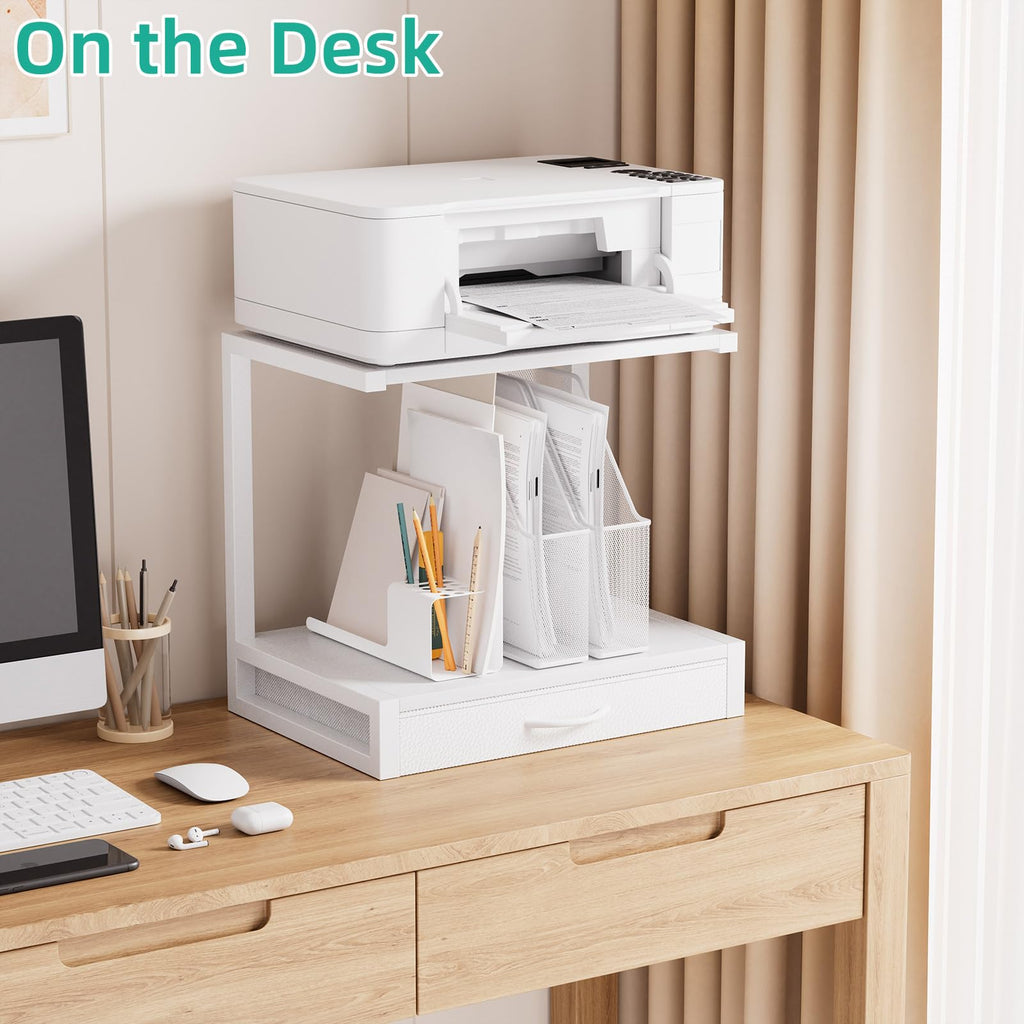 OYRREU 2-Tier Desktop Printer Stand with Fabric Drawer for Storage, White - image 4