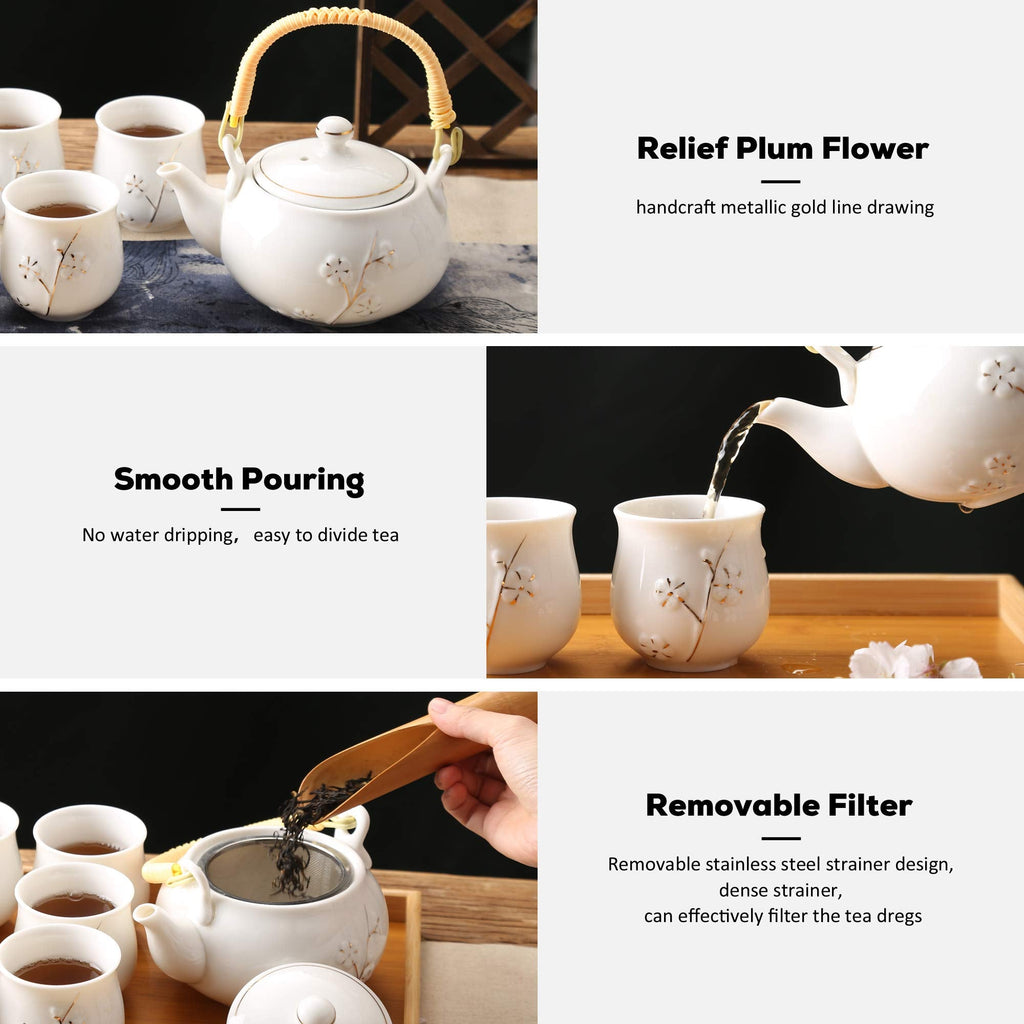 Dujust Japanese White Porcelain Tea Set with Teapot, 6 Cups & Tray