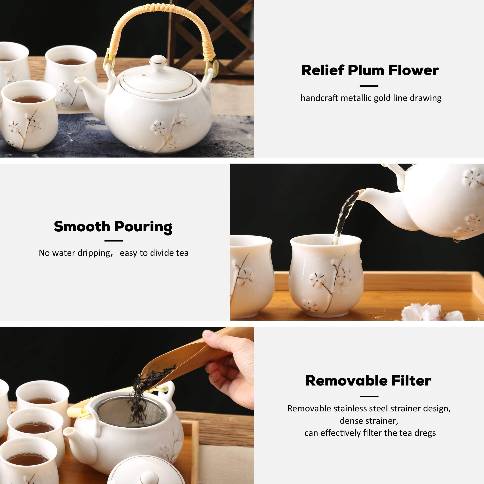 Dujust Japanese White Porcelain Tea Set with Teapot, 6 Cups & Tray