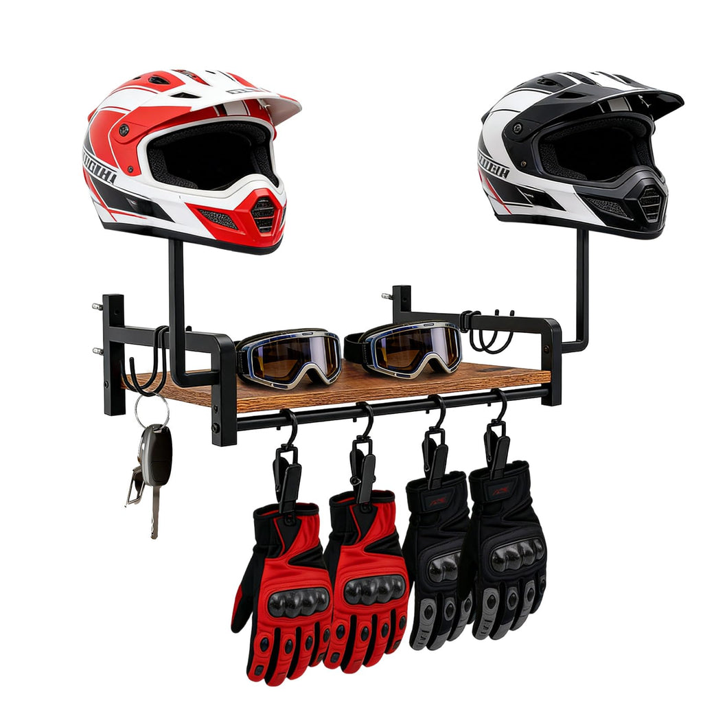Motorcycle Helmet Holder Wall Mount, Stand for 2 Helmets with 4 Glove Hooks - image 1