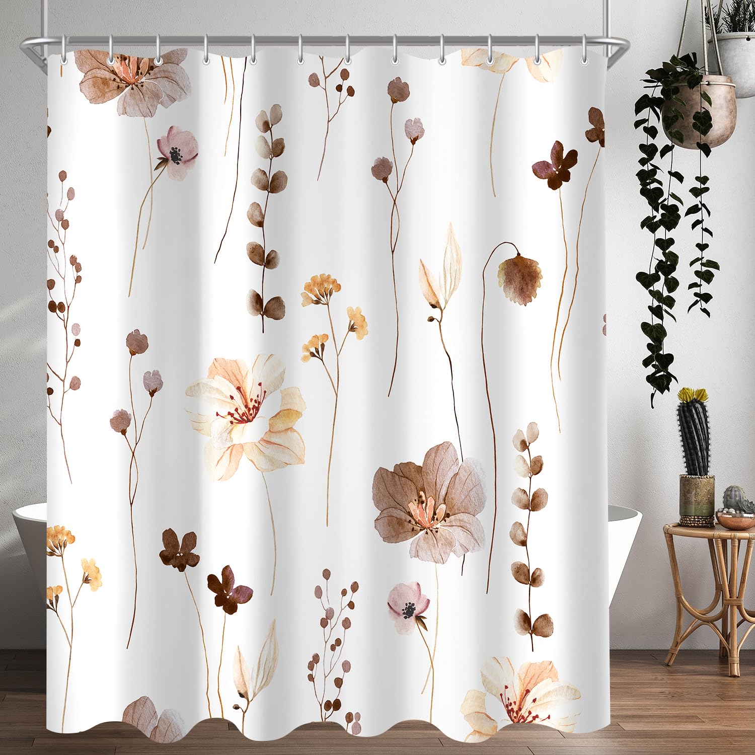 Lerores Brown Flower Shower Curtain | Anti-Mould Polyester, 240x200cm