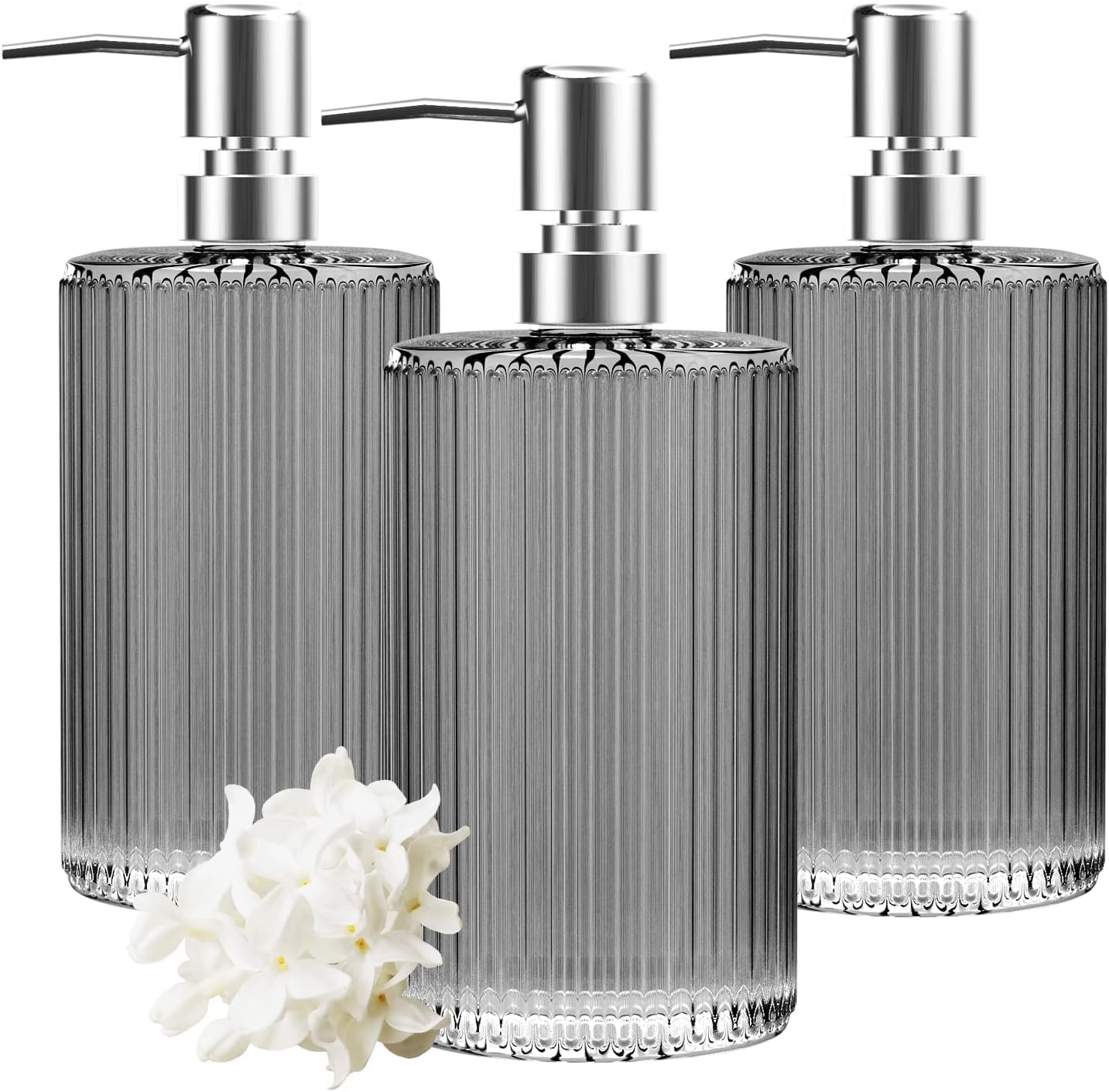 HIYAA 3-Pack Glass Soap Dispenser Set – 17oz Grey Bottles with Pump