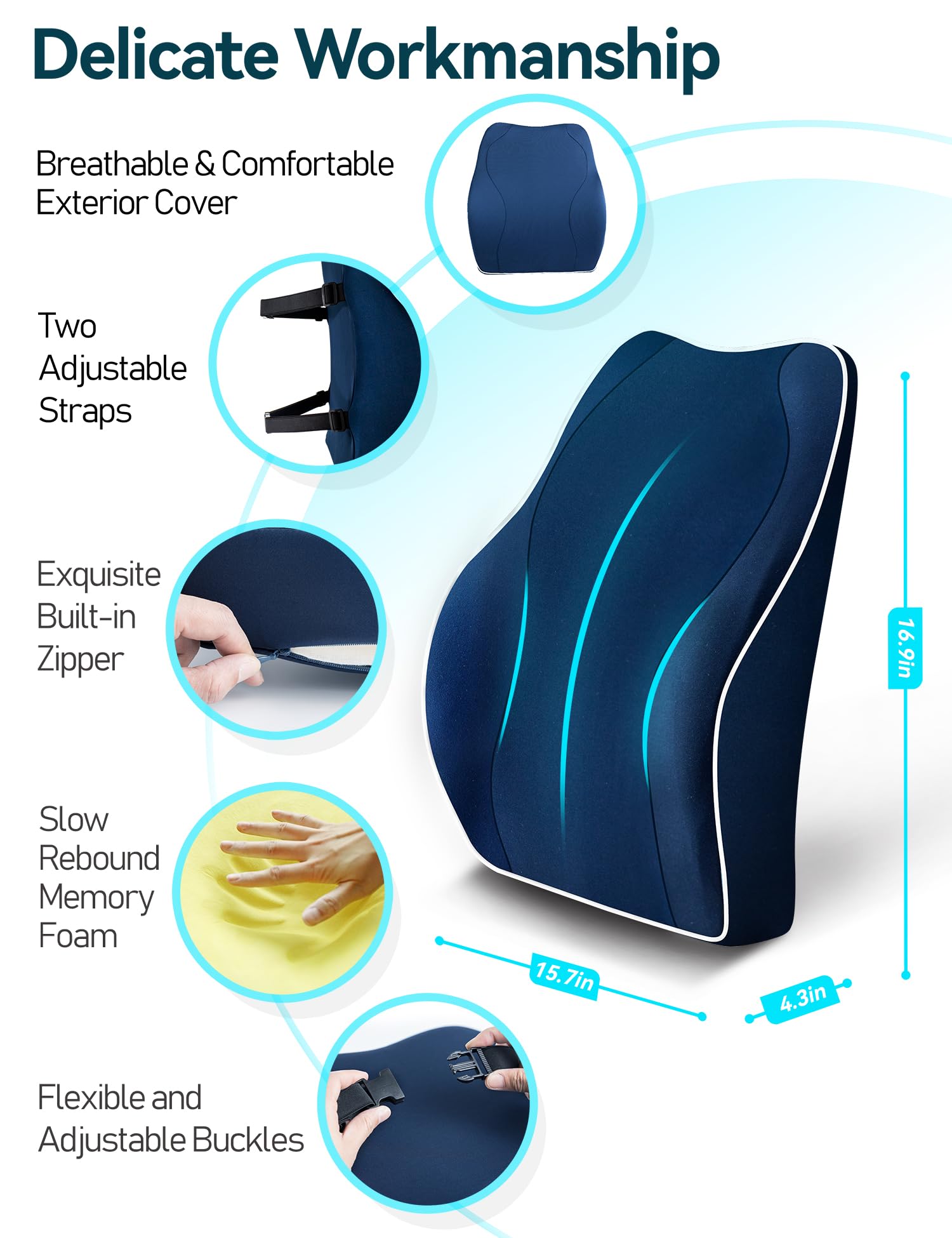 Travel Ease Memory Foam Lumbar Support Cushion for Office Chairs - Dark Blue