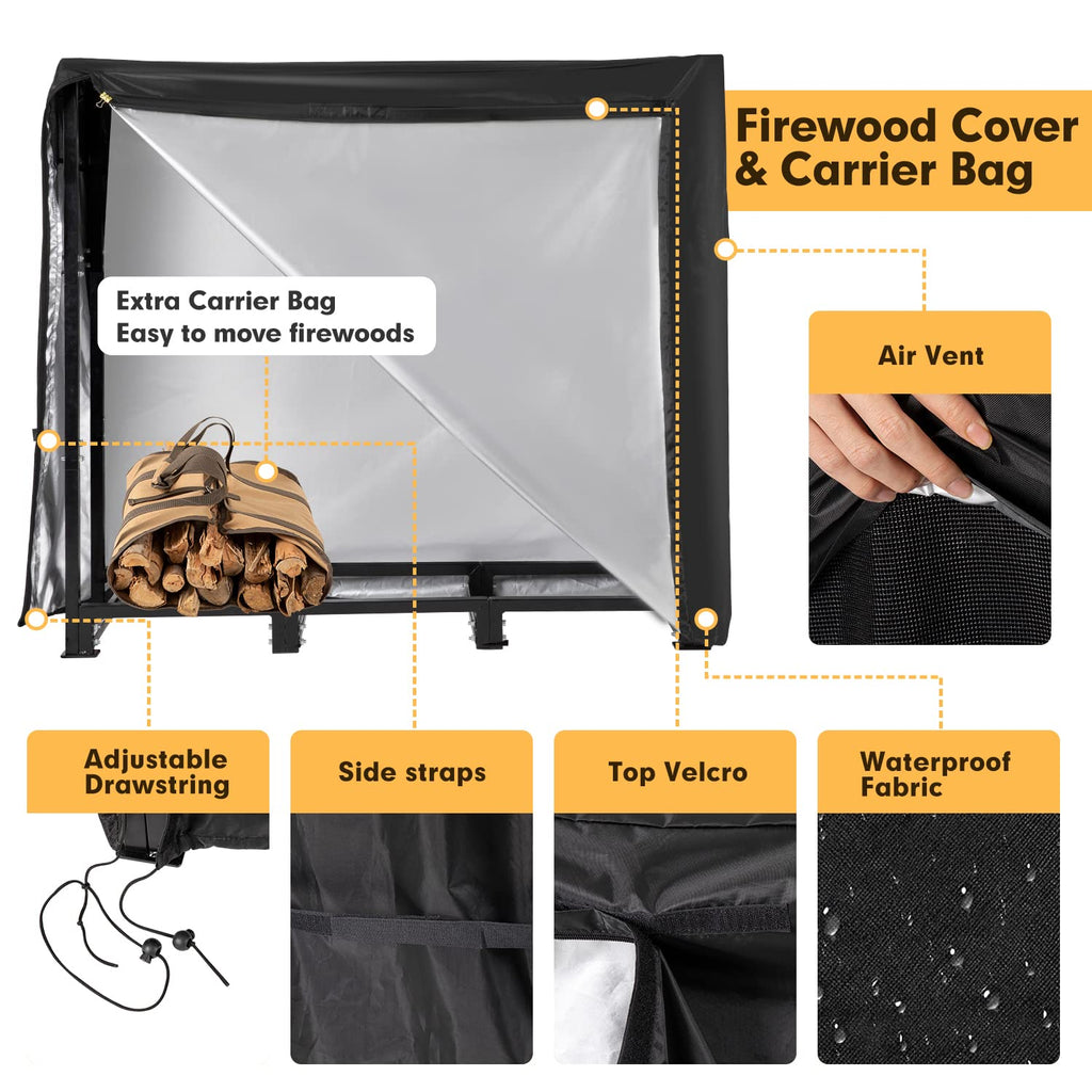 NALONE 4FT Outdoor Firewood Rack with Waterproof Cover and Carry Bag