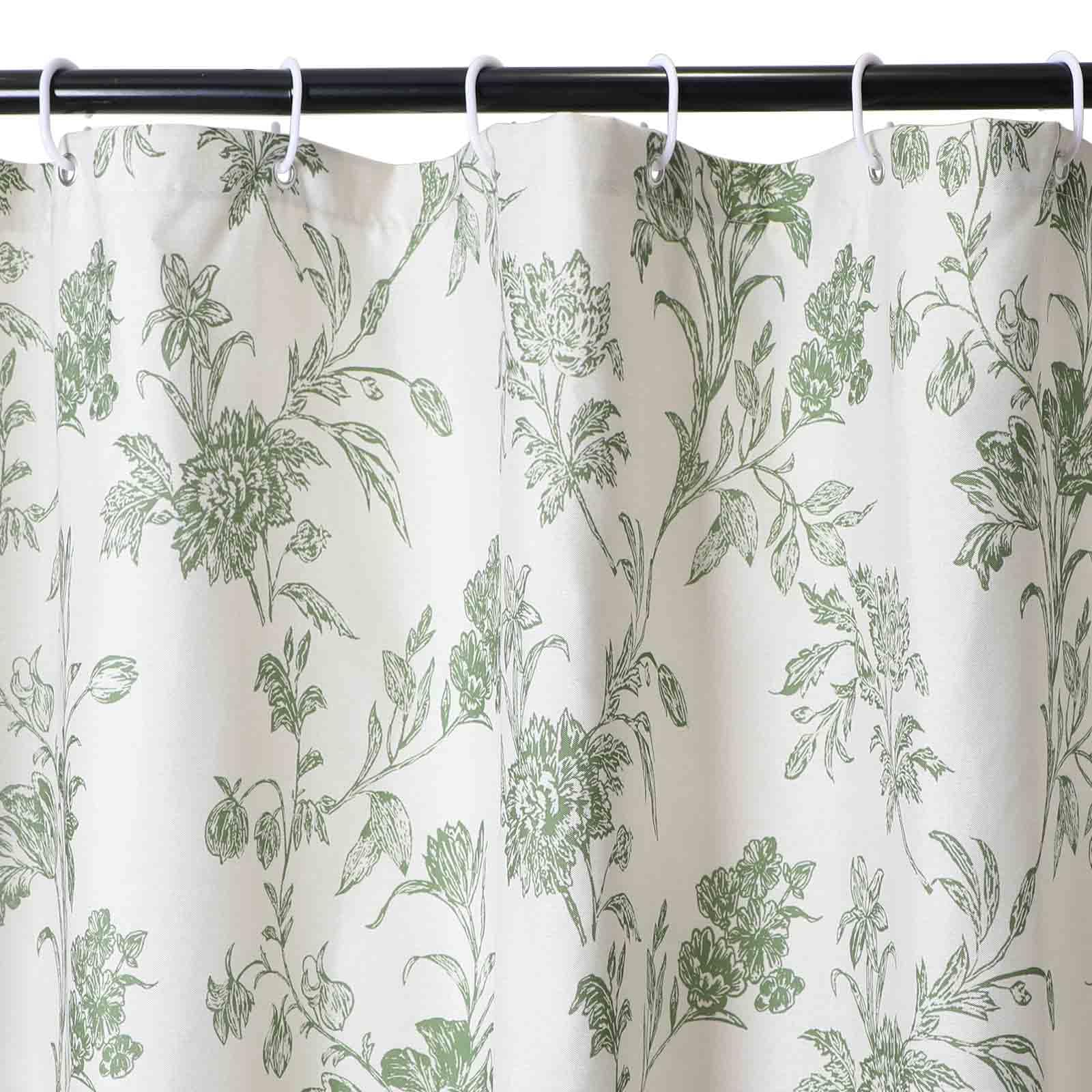 WELTRXE Faux Linen Shower Curtain – Green Floral Weighted Hem, 183x183cm