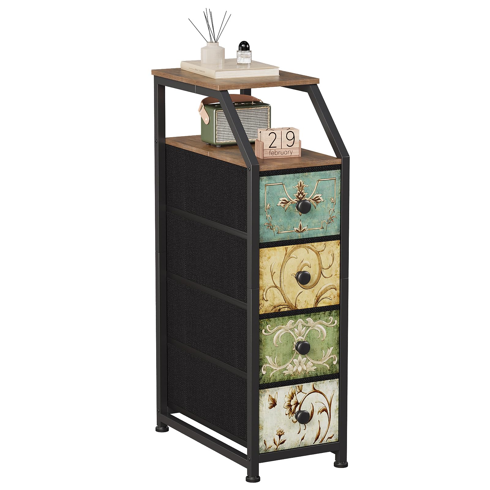 VEDECASA 4-Drawer Slim Fabric Chest of Drawers | Vintage Floral Tall Cabinet