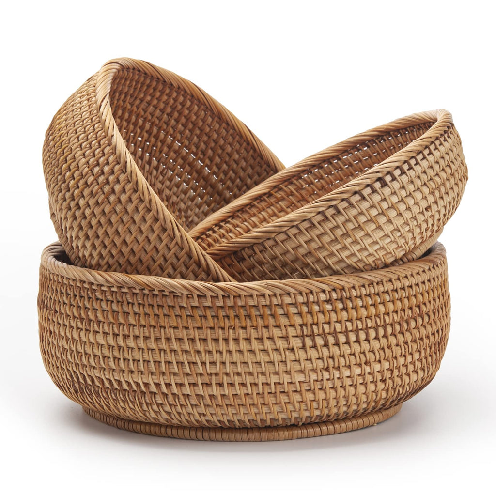 Round Rattan Storage Baskets – Woven Wicker Fruit Bowls, Set of 3