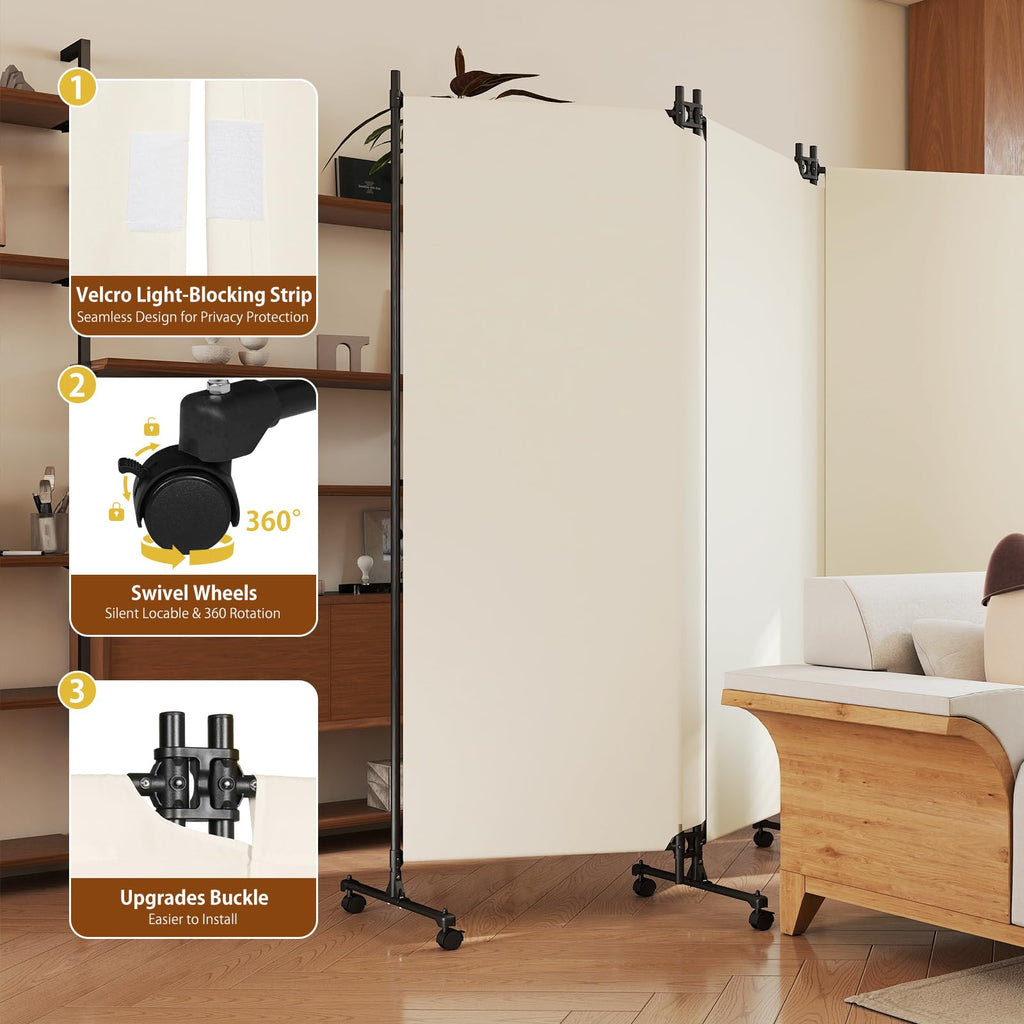 HIDODO 4 Panel Upgraded Room Divider with Wheels, 247cm W x 183cm H, Beige - image 3