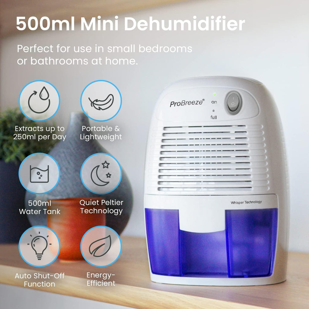 Pro Breeze Portable Dehumidifier | 500ml Tank | Ultra-Quiet Peltier