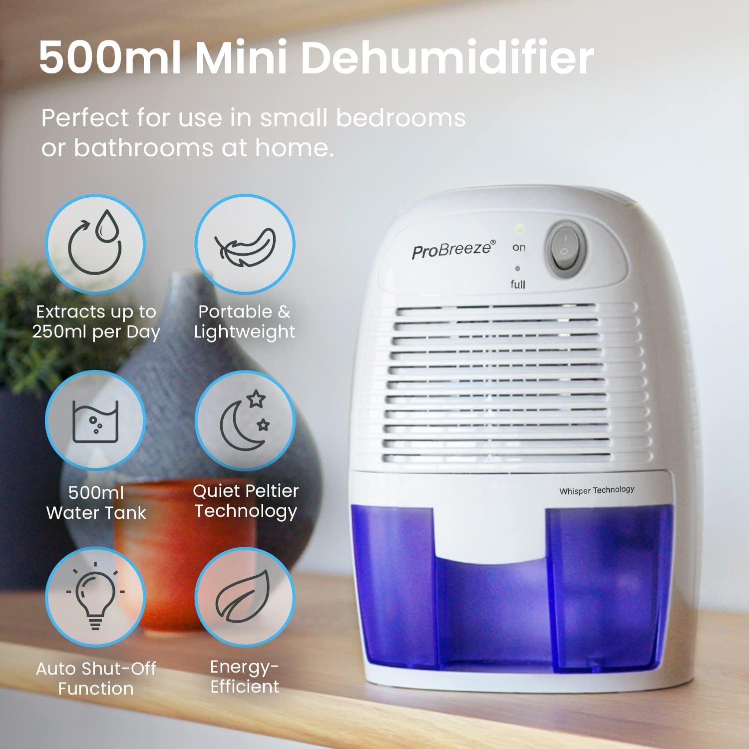 Pro Breeze Mini Dehumidifier | 500ml Tank | Ultra-Quiet Peltier Technology