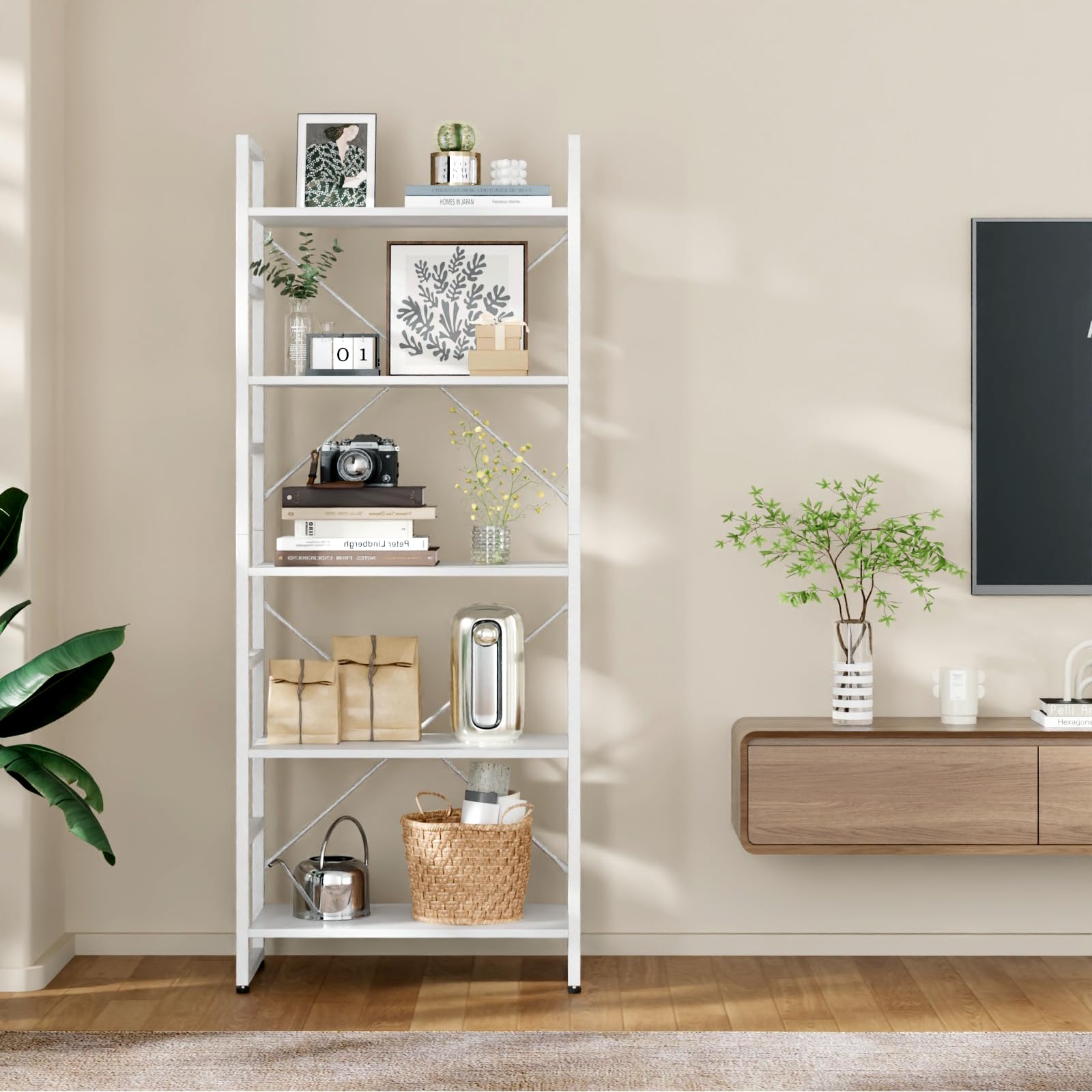 TREETALK 5-Tier Industrial Bookshelf | Standing Storage Rack - White