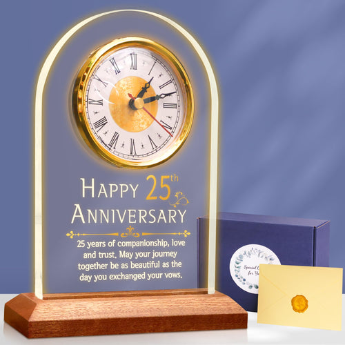 OkiyiD 25th Anniversary Quartz Clock | Light Up Wooden Base Silver Wedding
