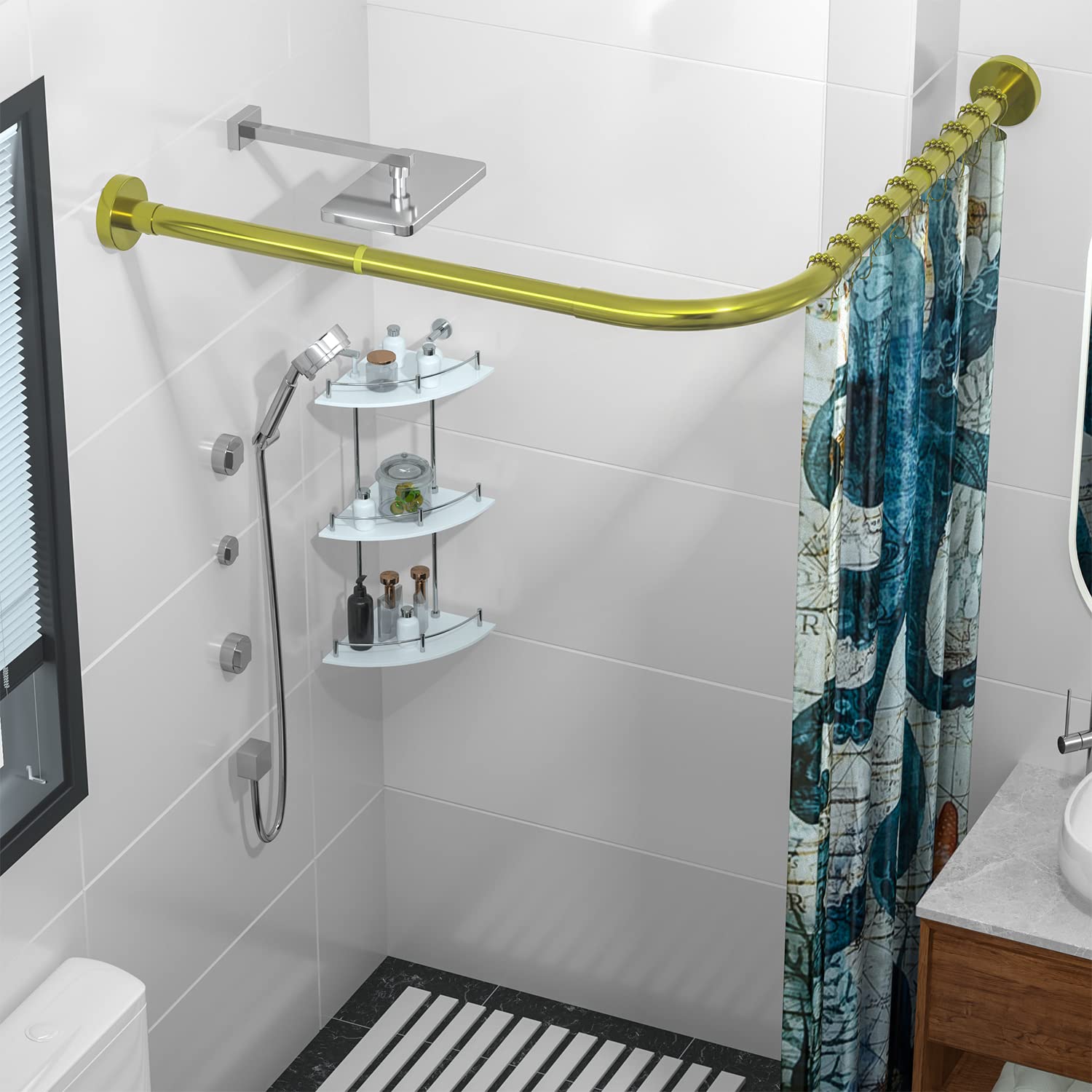SIKAIQI L-Shaped Corner Shower Curtain Rod | 304 Stainless Steel Gold