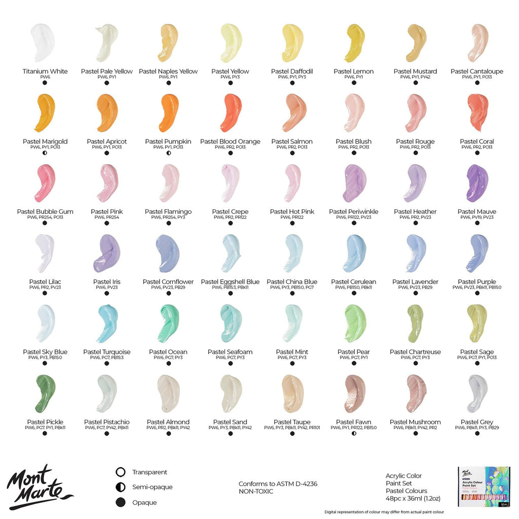 Mont Marte Acrylic Paint Set – 48 x 36ml Modern Pastel Art Colours