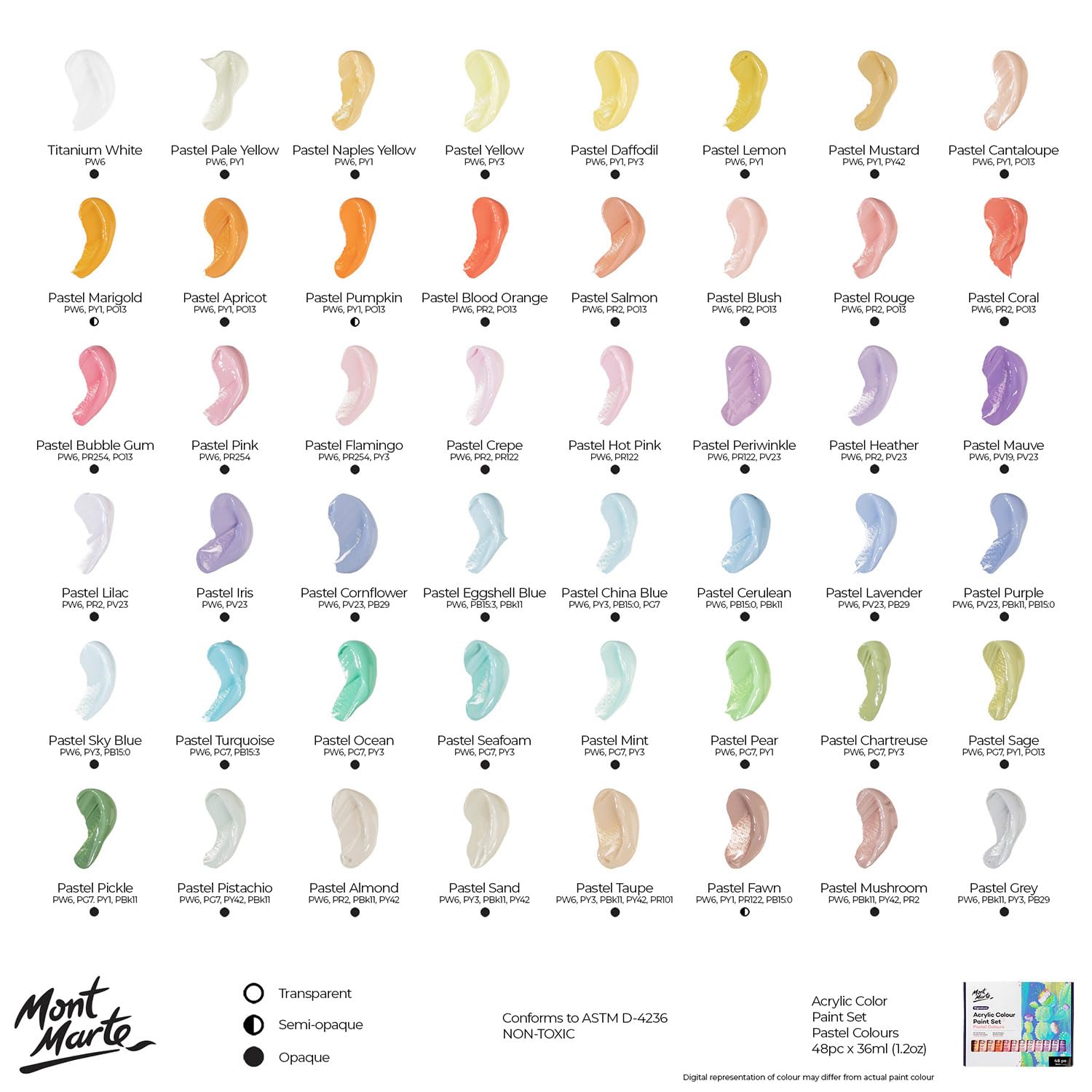 Mont Marte Acrylic Paint Set – 48 x 36ml Modern Pastel Art Colours