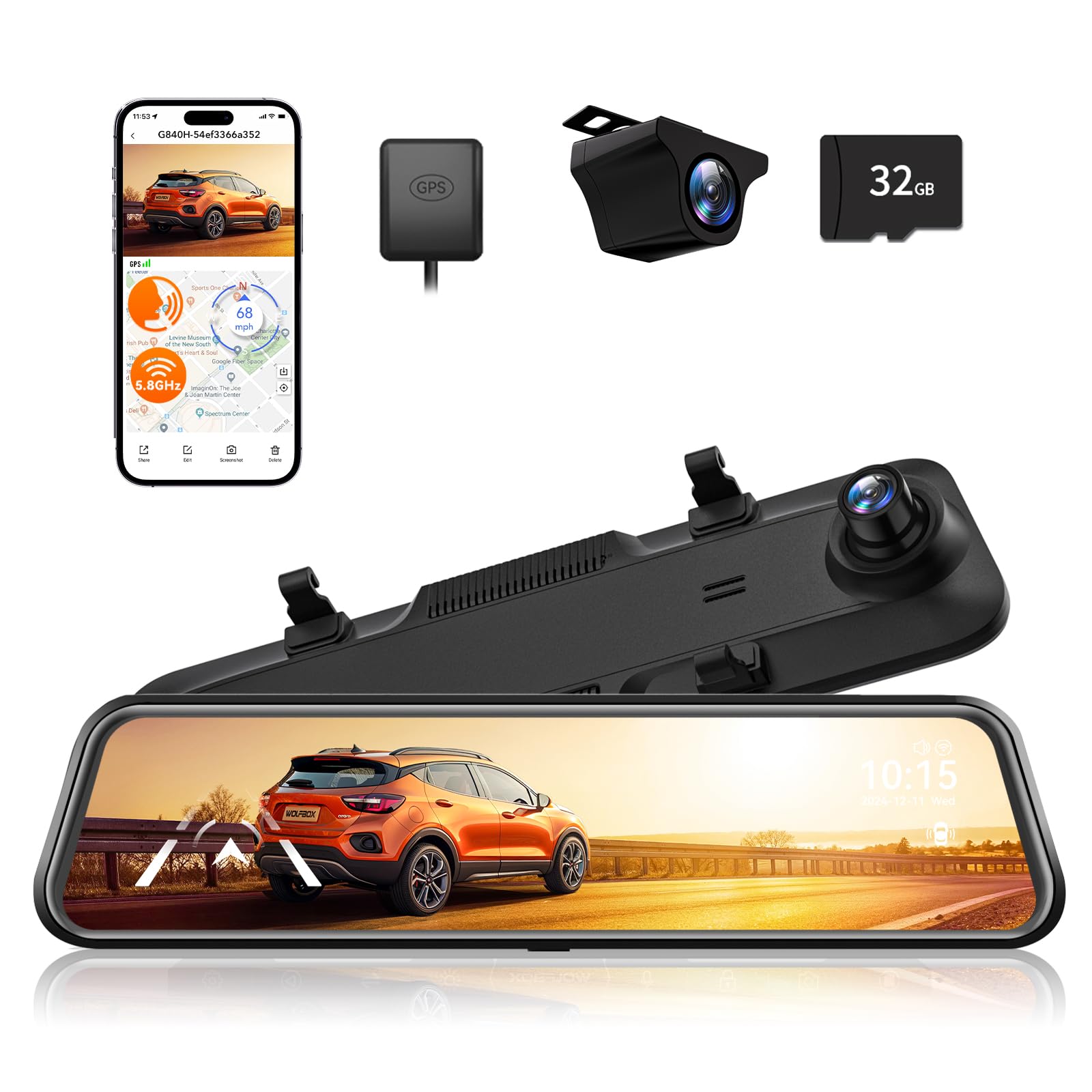 WOLFBOX G840H 12'' Mirror Dash Cam – 2.5K Front and Rear Camera