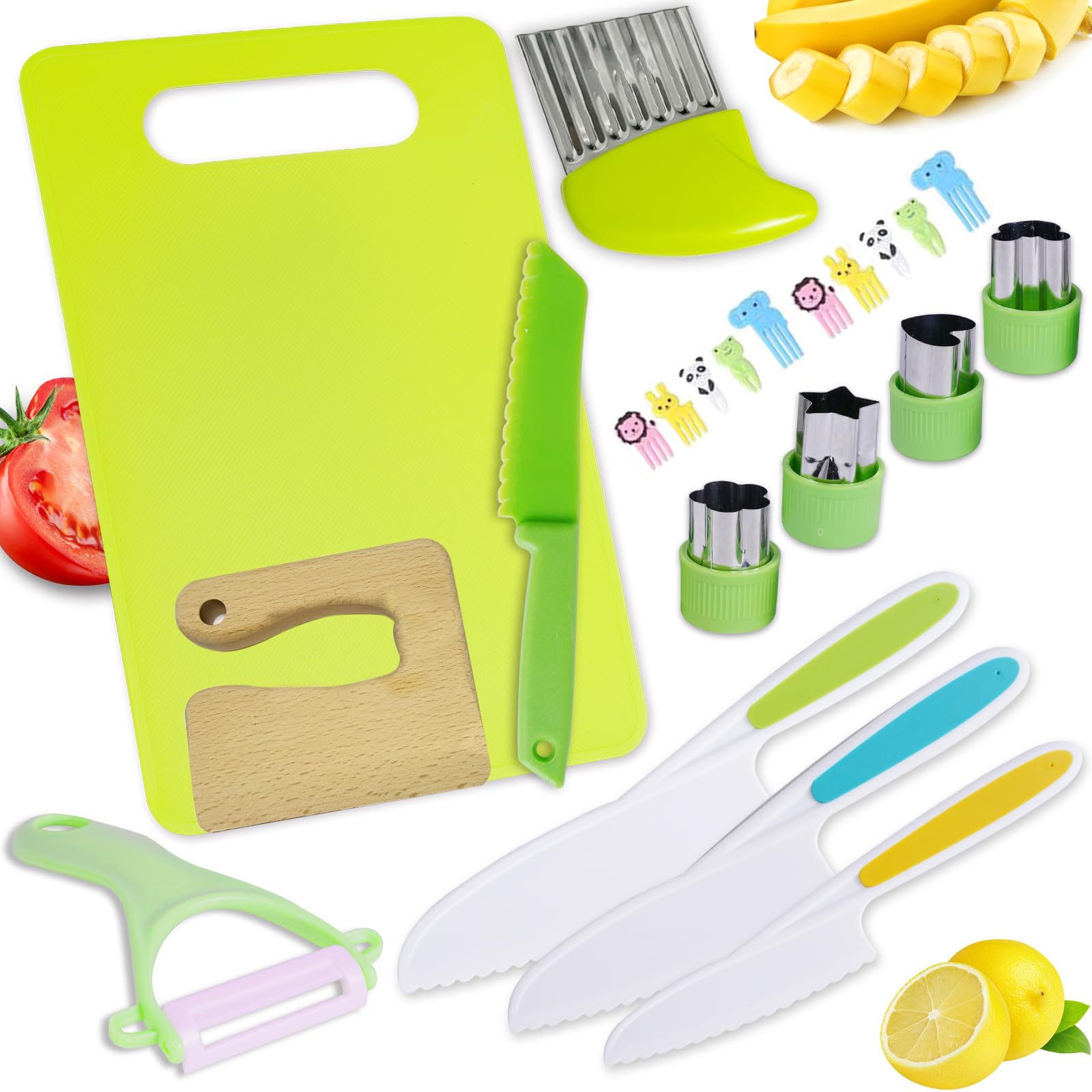 LANMANUO 13-Piece Kids Kitchen Knife Set with Wooden Cutting Board