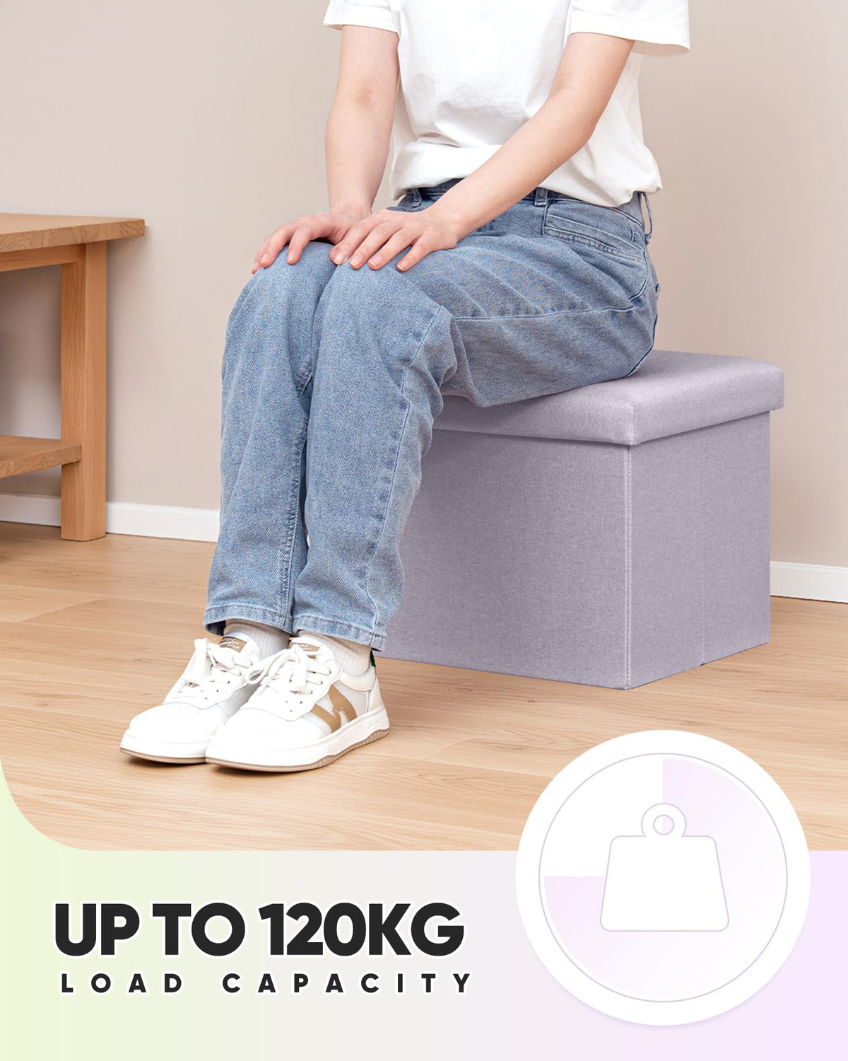 Bonlife Ottoman Storage Box - Foldable Rectangular Footstool for Living Room, Kids Toy Chest with Lid, Multi-Use Seat & Storage, Light purple - image 5