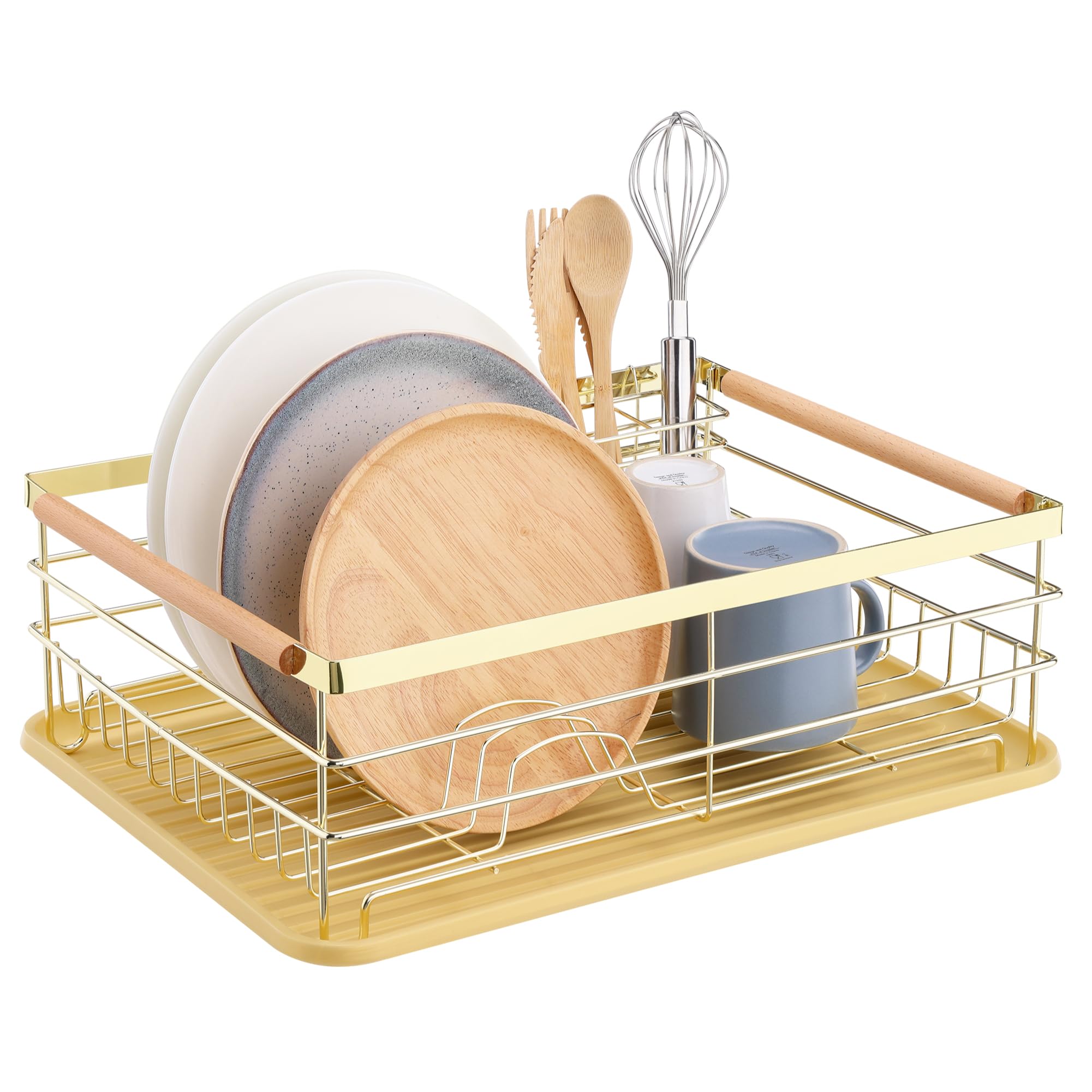 Navaris Dish Drainer Rack | Retro Kitchen Drying Rack with Beechwood - Gold
