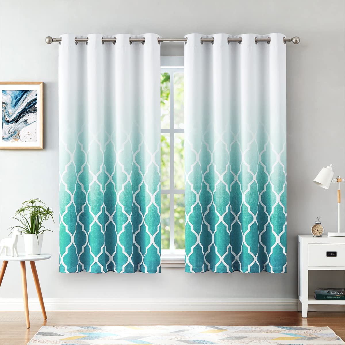 Beauoop Teal Ombre Blackout Curtains – Moroccan Geometric Drapes 72" L