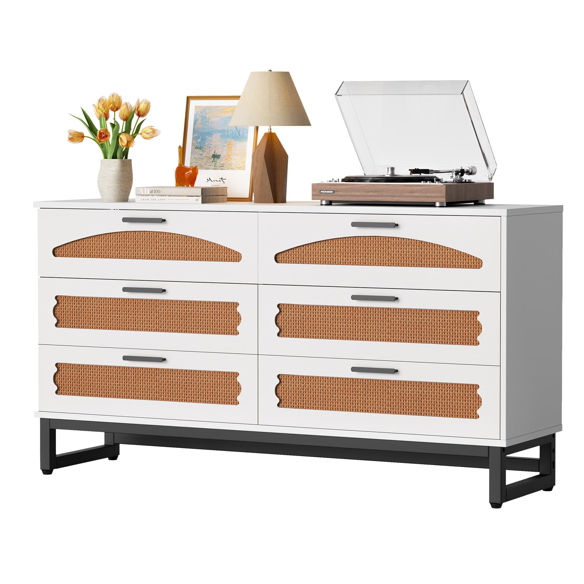 Mericonia 6-Drawer Rattan Dresser – Modern Boho Wood Chest, White