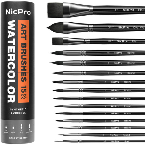 Nicpro 15PCS Professional Watercolour Brushes Set | Synthetic Squirrel