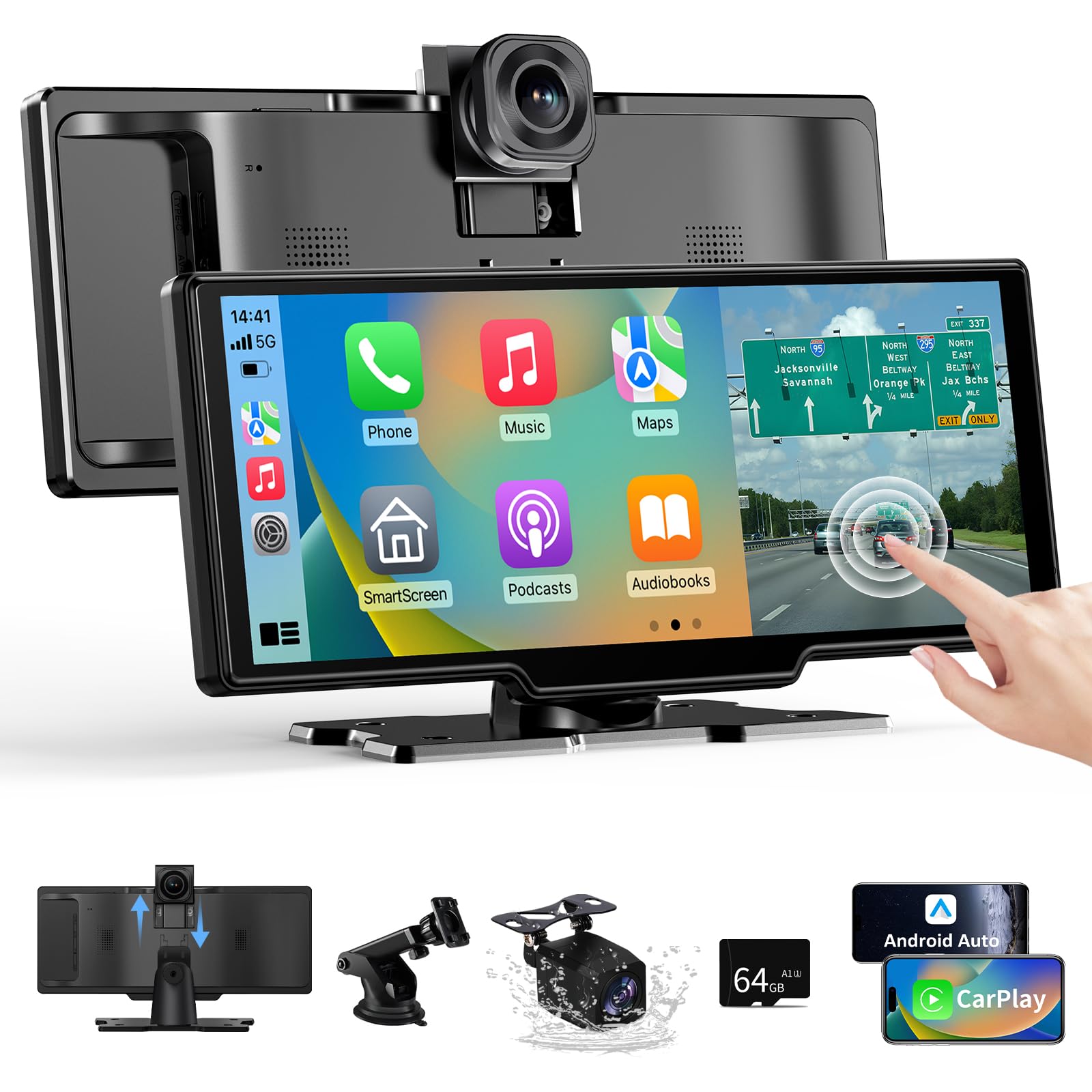 10.26" Wireless CarPlay & Android Auto Screen with 4K Dash Cam