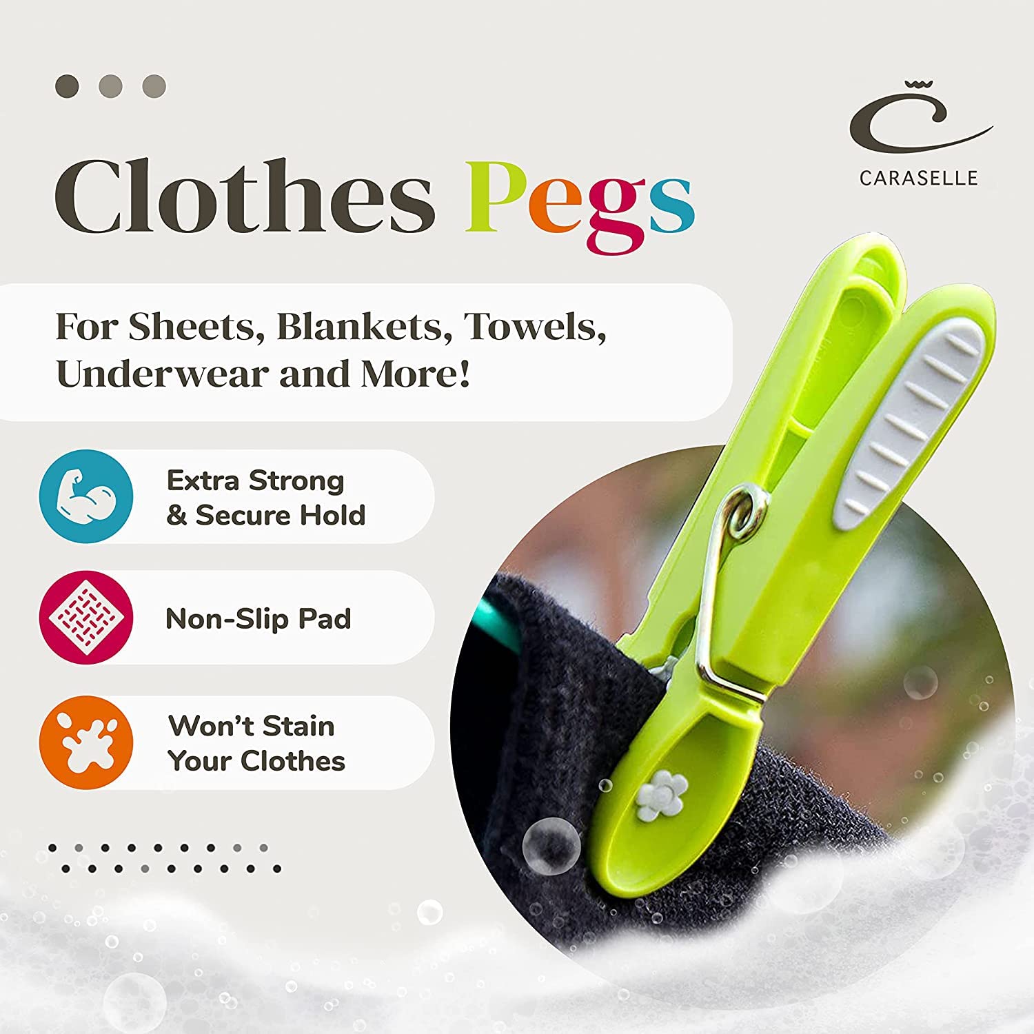 Caraselle Heavy Duty Clothes Pegs – Non-Slip Rubber Grip Plastic Laundry Pegs