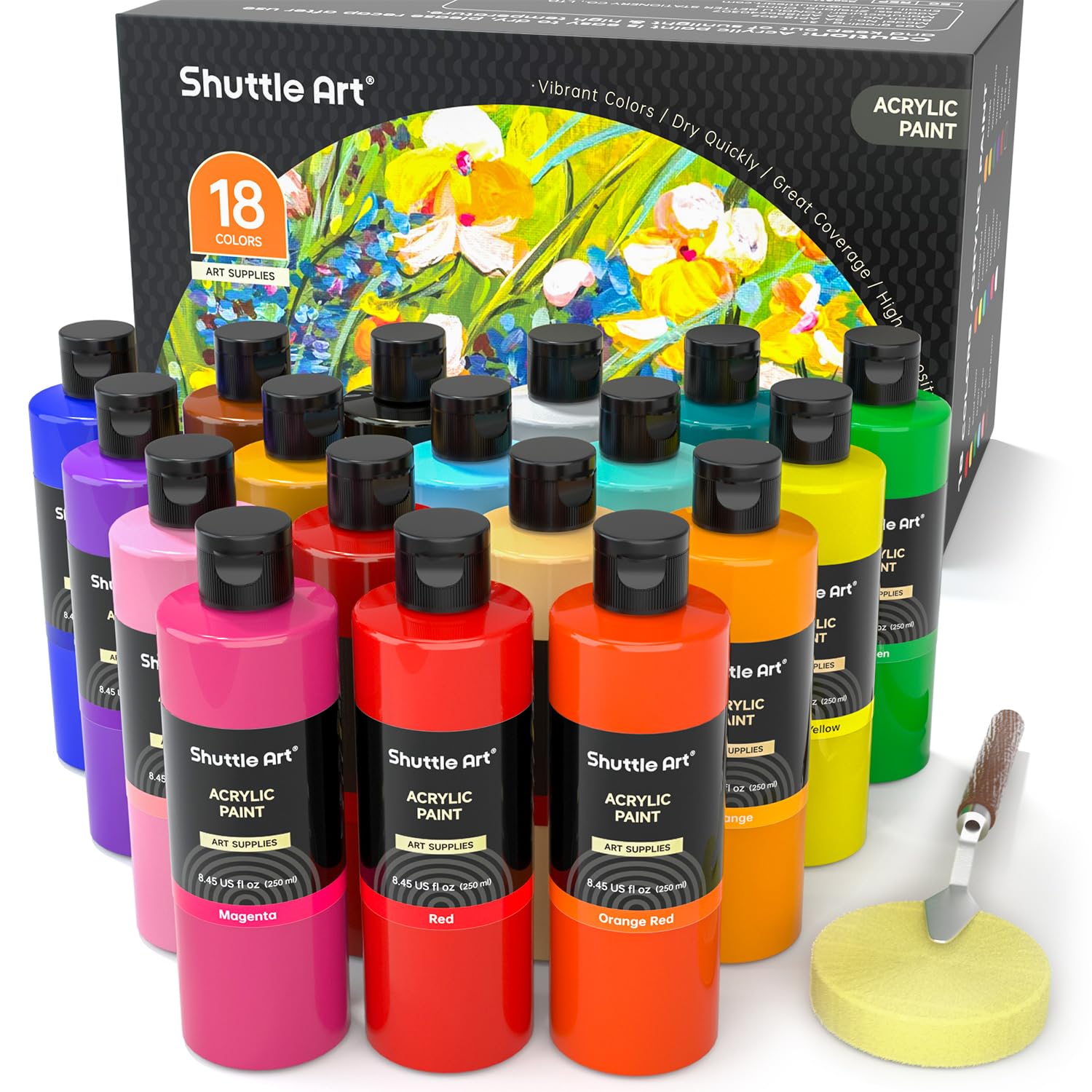 Shuttle Art Acrylic Paint Set – 18 Colors Bulk Bottles (250ml/8.45oz)