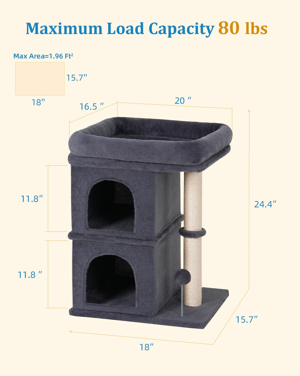 Aechonow 61cm Cat Tree Tower | 2 Condos & Large Perch | Dark Gray