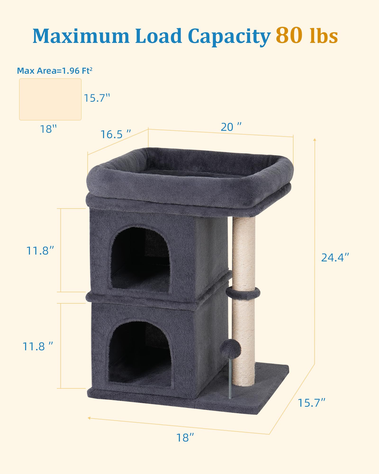 Aechonow 61cm Cat Tree Tower | 2 Condos & Large Perch | Dark Gray