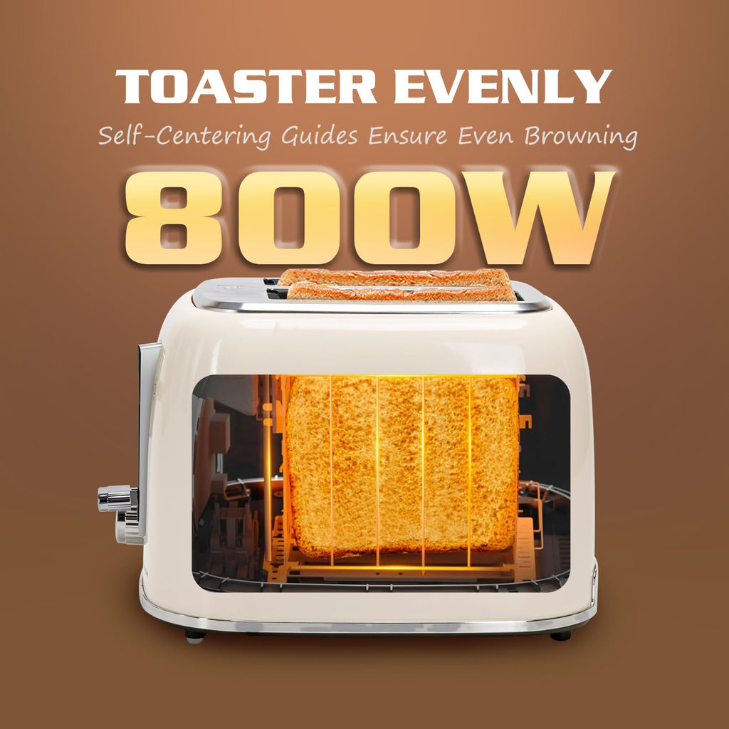 Aigostar 2-Slice Retro Toaster | Wide Slot Stainless Steel – Cream White