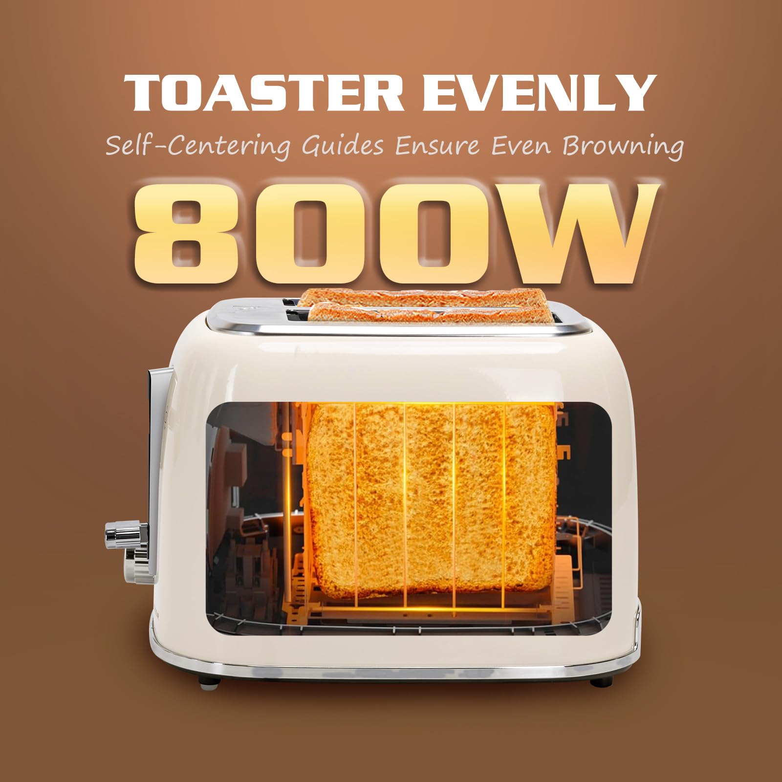 Aigostar 2-Slice Retro Toaster | Wide Slot Stainless Steel – Cream White