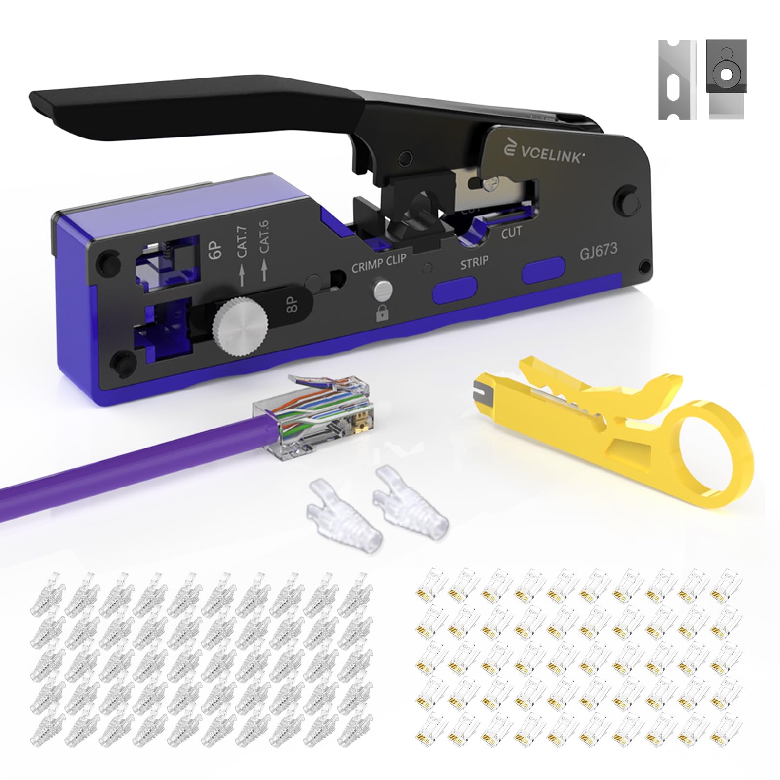 VCELINK RJ45 Pass Through Crimp Tool Kit with 50PCS Cat6 Connectors
