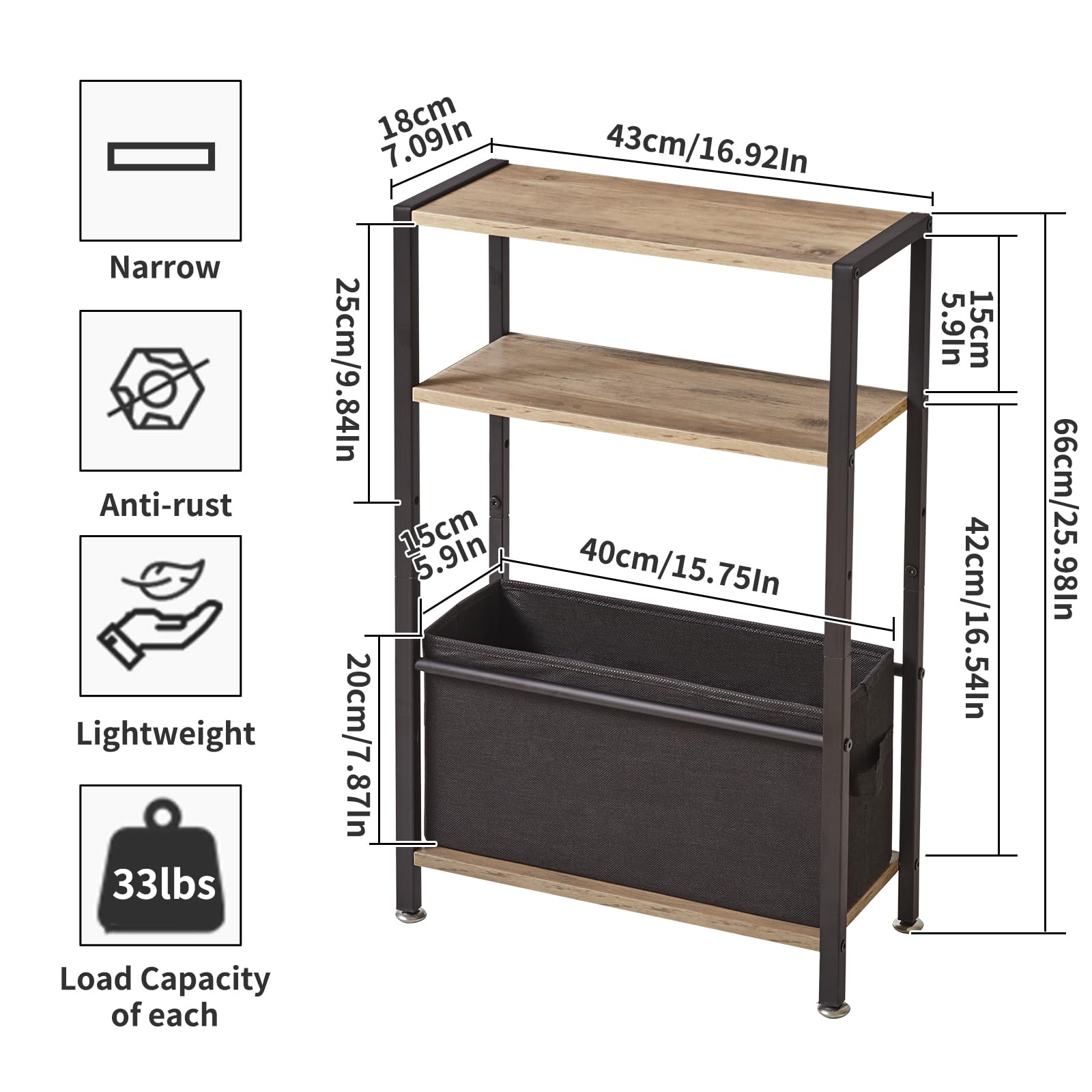 Aibiju Narrow 3-Tier Side Table with Fabric Basket | Industrial Oak